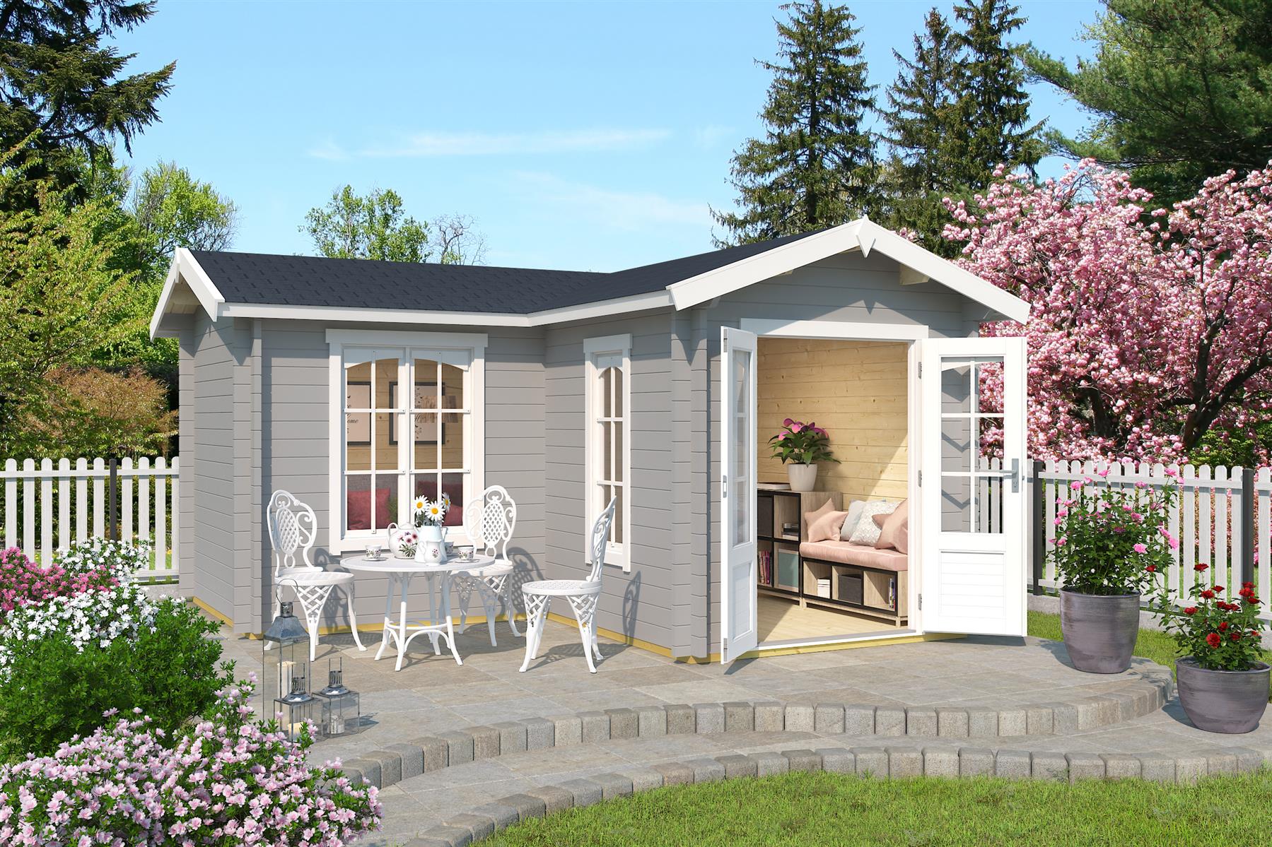 Lasita Maja Portsmouth 44 Gartenhaus Blockhaus 44 mm, 400 x 400, Lichtgrau Lasita Maja Portsmouth 44 Gartenhaus Blockhaus 44 mm, 400 x 400, Lichtgrau