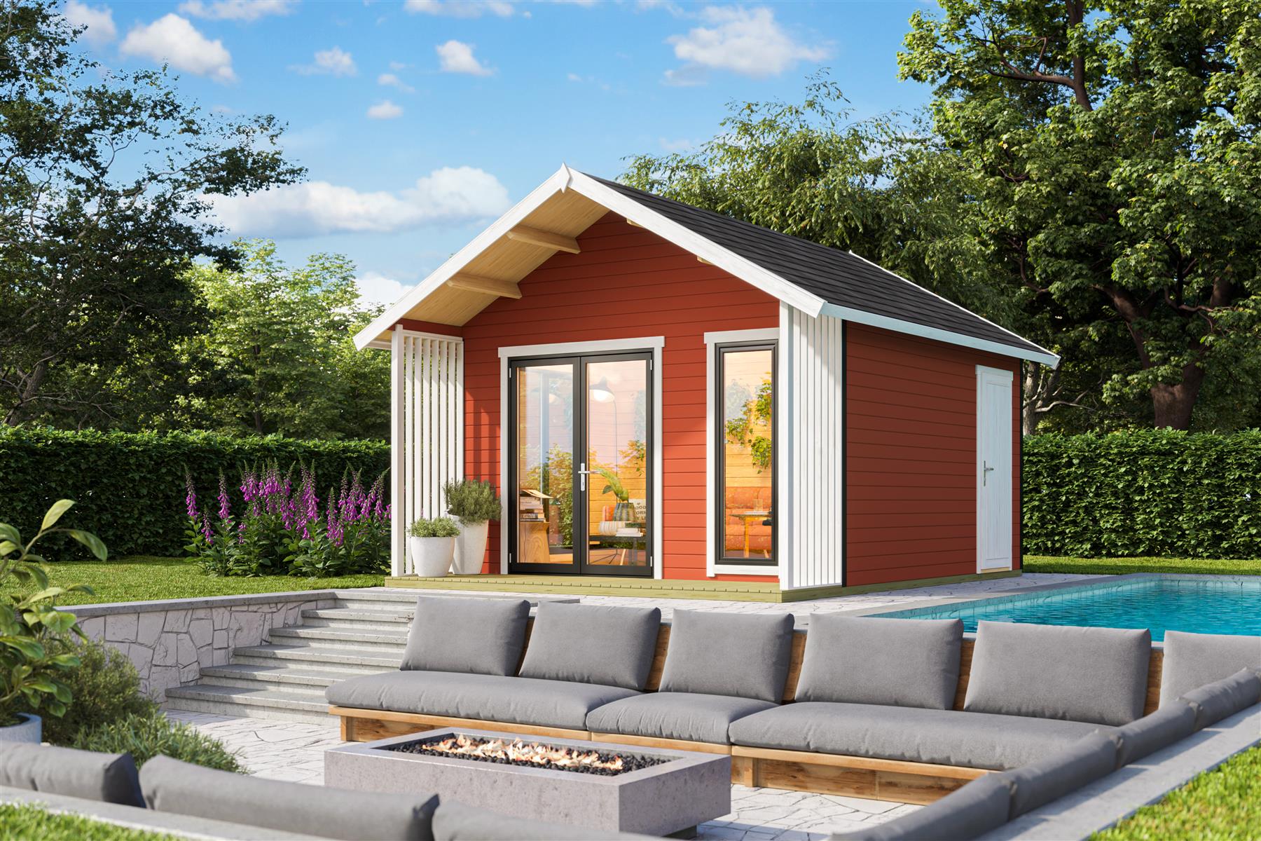 Lasita Maja Murano 1 Set Gartenhaus Blockhaus 44mm 2-Raum, 390x410, Schwedenrot