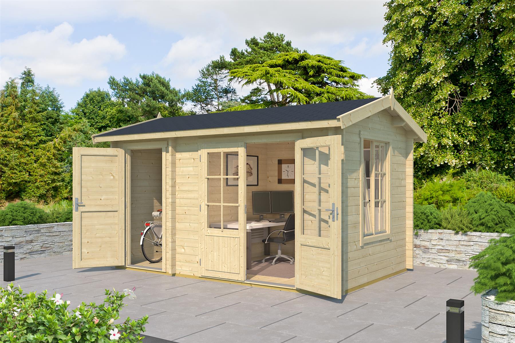 Lasita Maja Wrexham 1 Gartenhaus Blockhaus 44 mm 2-Raum, 390 x 240, Naturbelassen