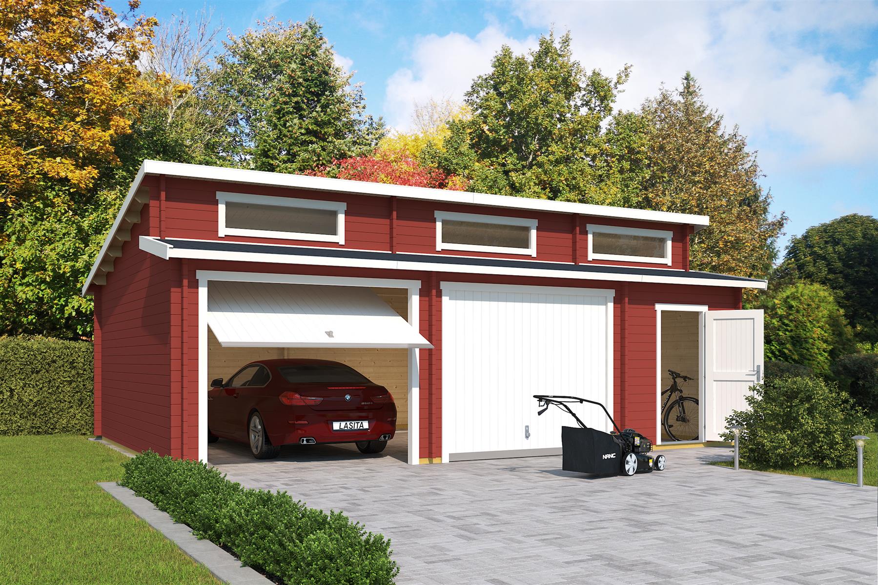 Lasita Maja Hawaii Set mit Schwingtoren Garage 44 mm 2-Raum, 780 x 520, Schwedenrot Lasita Maja Hawaii Set mit Schwingtoren Garage 44 mm 2-Raum, 780 x 520, Schwedenrot