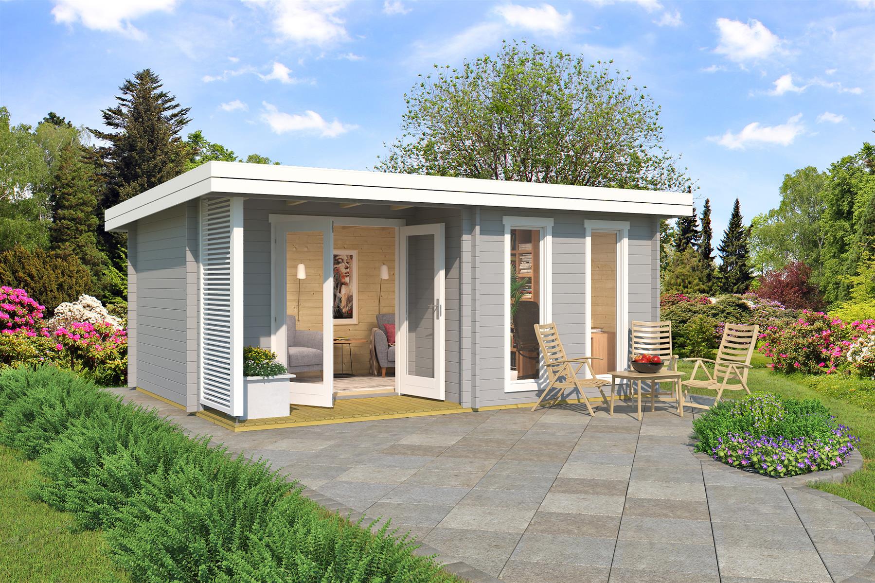 Lasita Maja Orkney Gartenhaus Blockhaus 44 mm mit überdachte Terrasse, 520 x 390, Lichtgrau Lasita Maja Orkney Gartenhaus Blockhaus 44 mm mit überdachte Terrasse, 520 x 390, Lichtgrau