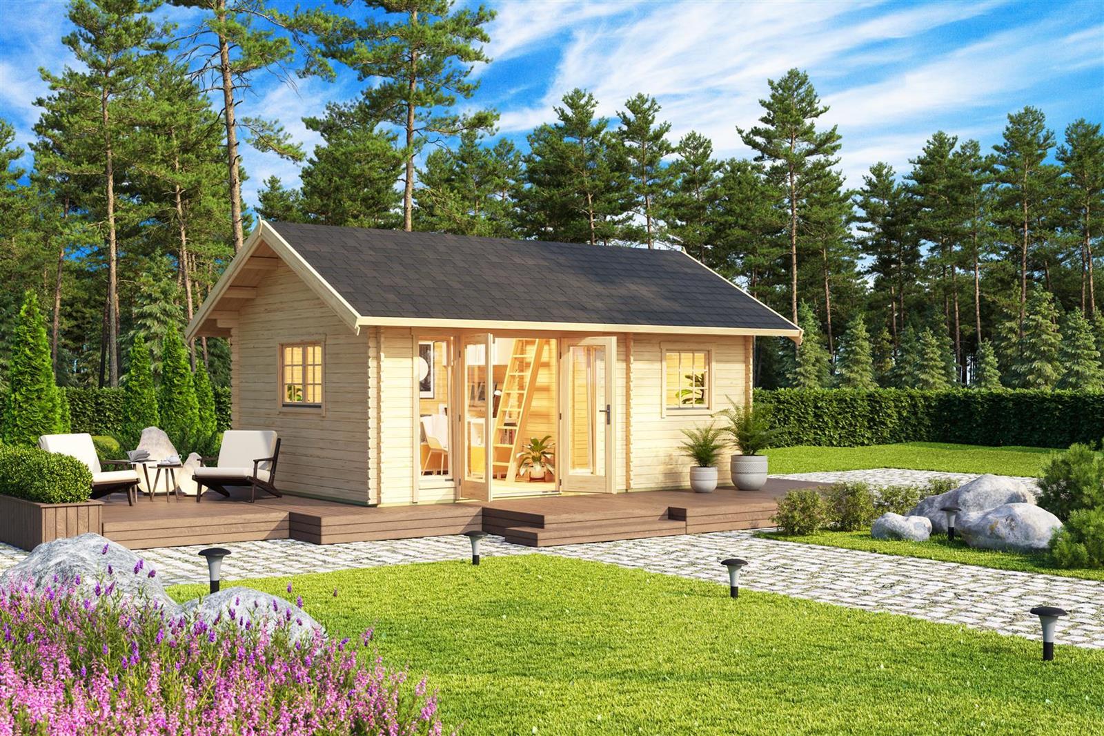 Lasita Maja Caroline 2.1 Gartenhaus Blockhaus 40 mm mit 3-Raum und Schlafboden, 575 x 390, Naturbelassen Lasita Maja Caroline 2.1 Gartenhaus Blockhaus 40 mm mit 3-Raum und Schlafboden, 575 x 390, Naturbelassen