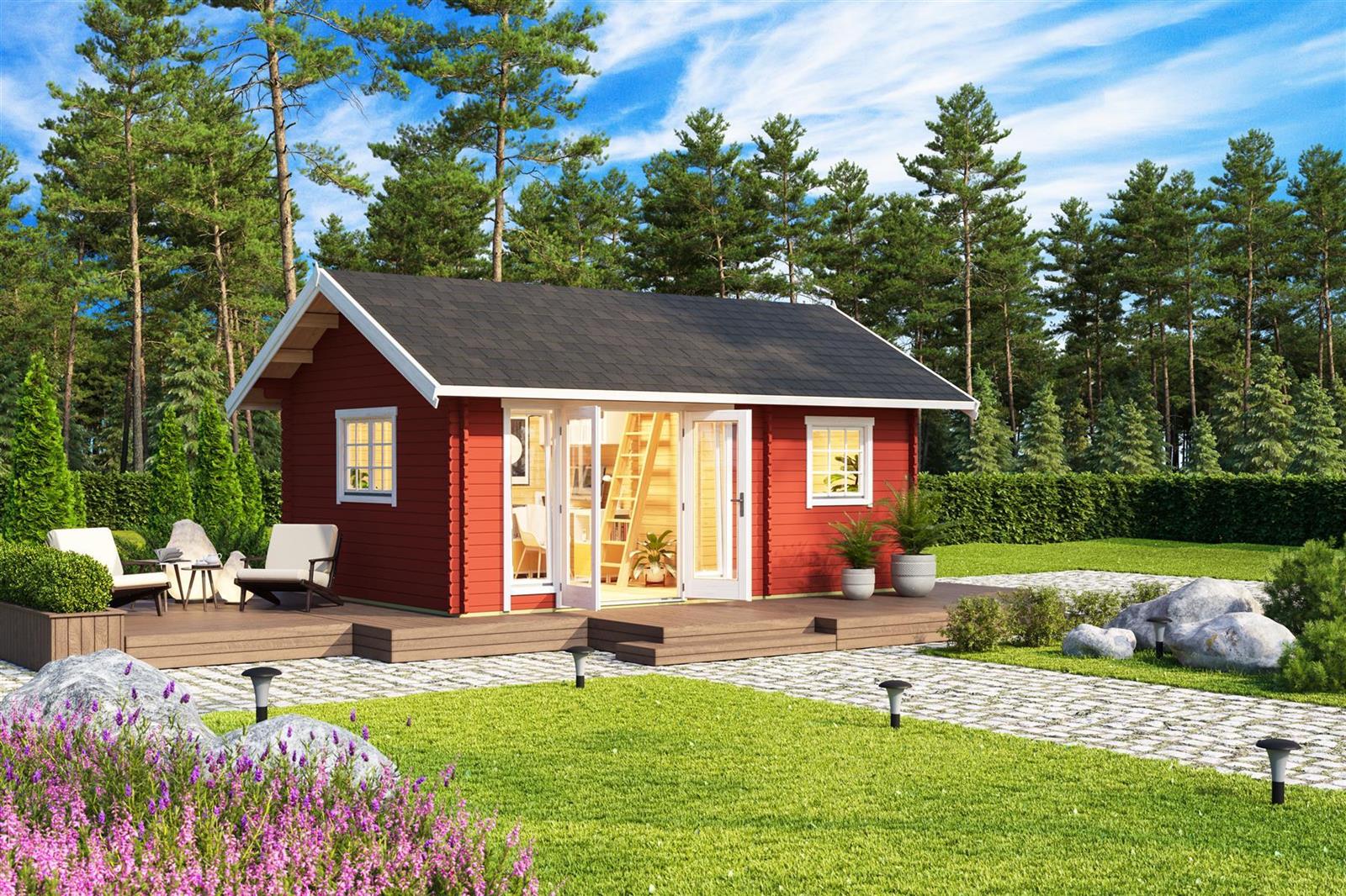 Lasita Maja Caroline 2.1 Gartenhaus Blockhaus 40 mm mit 3-Raum und Schlafboden, 575 x 390, Schwedenrot Lasita Maja Caroline 2.1 Gartenhaus Blockhaus 40 mm mit 3-Raum und Schlafboden, 575 x 390, Schwedenrot