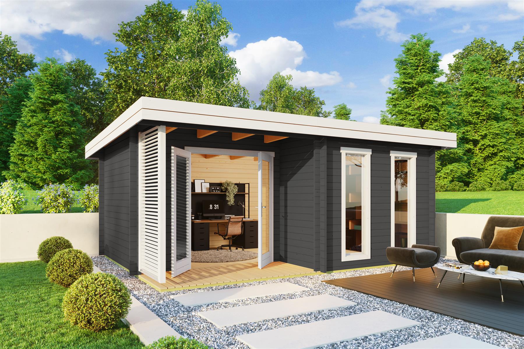 Lasita Maja Orkney Gartenhaus Blockhaus 44 mm mit überdachte Terrasse, 520 x 390, Carbongrau Lasita Maja Orkney Gartenhaus Blockhaus 44 mm mit überdachte Terrasse, 520 x 390, Carbongrau