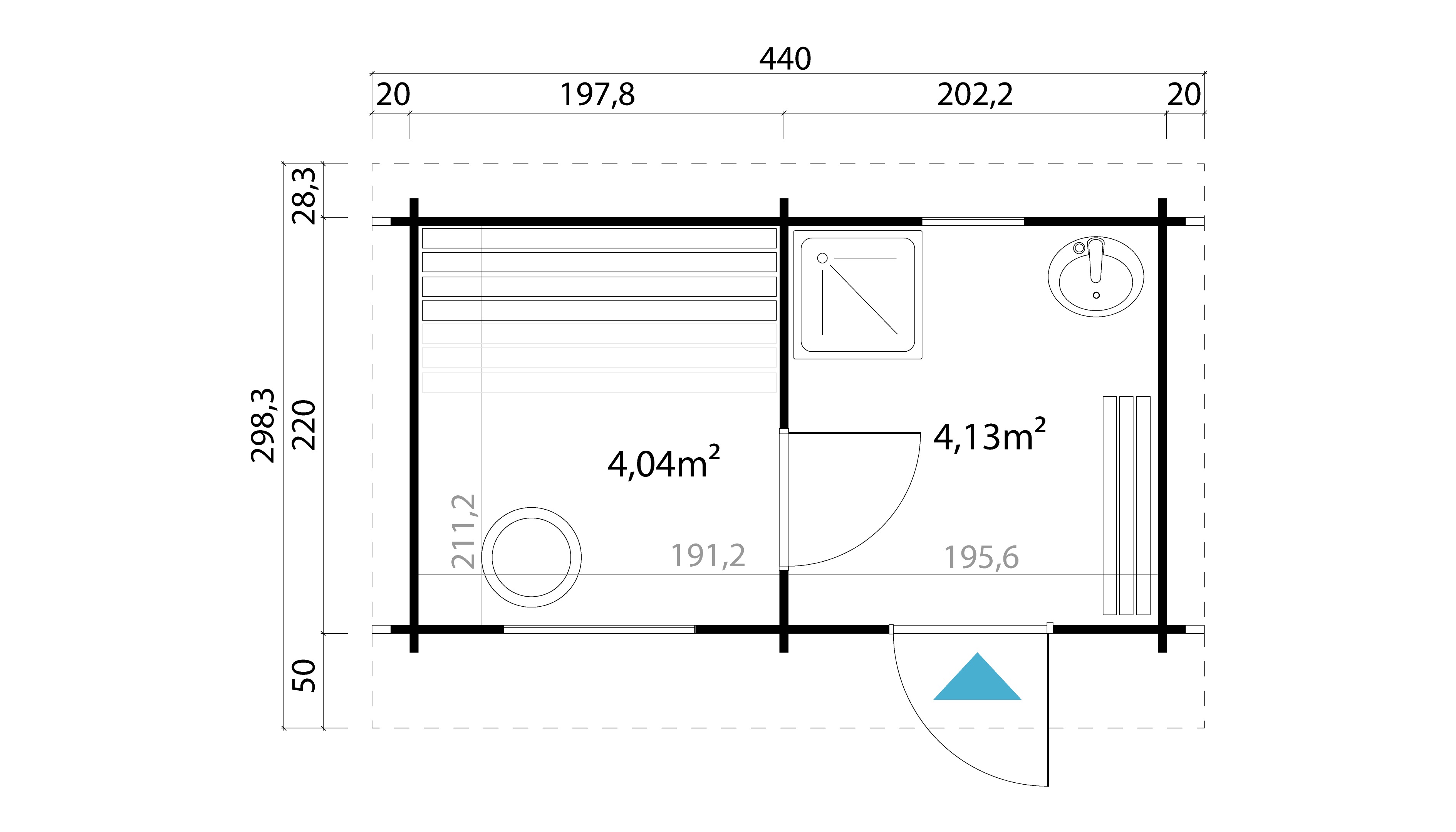 Lasita Maja Sundborn Gartenhaus Saunahaus 44mm 2-Raum, 400x220, Naturbelassen