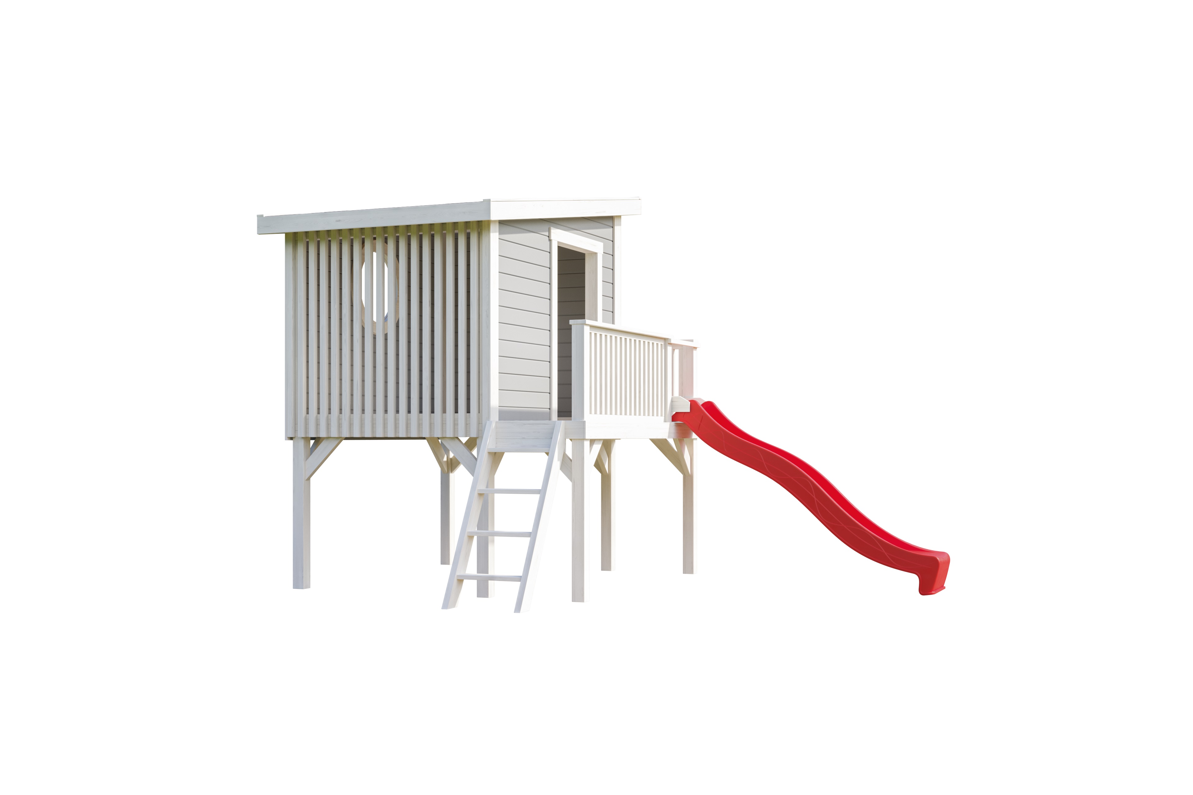 Lasita Maja Tivoli 1 (inkl.Rutsche in Rot) Kinderspielhaus 19mm, Fundamentmass 160 x 230, Lichtgrau