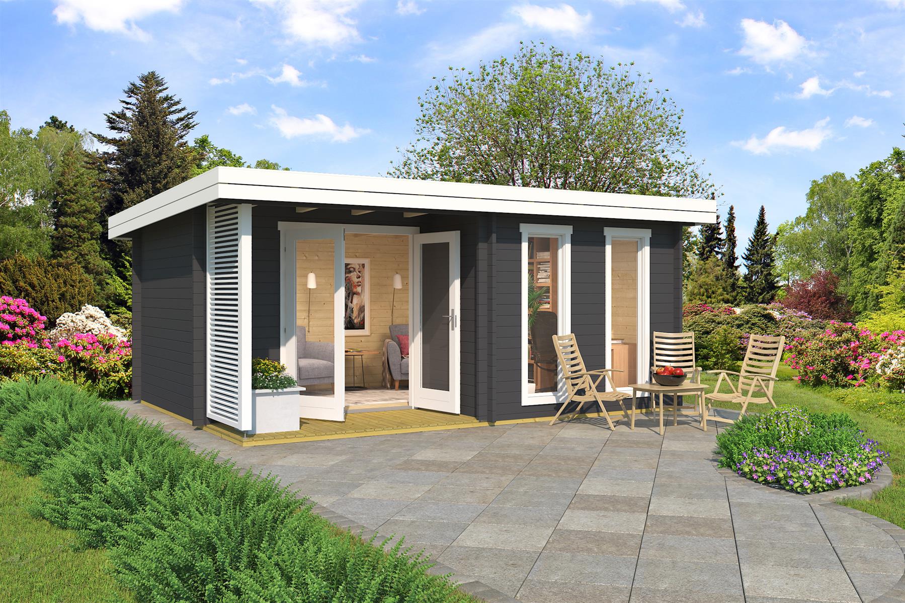 Lasita Maja Orkney Gartenhaus Blockhaus 44 mm mit überdachte Terrasse, 520 x 390, Carbongrau Lasita Maja Orkney Gartenhaus Blockhaus 44 mm mit überdachte Terrasse, 520 x 390, Carbongrau