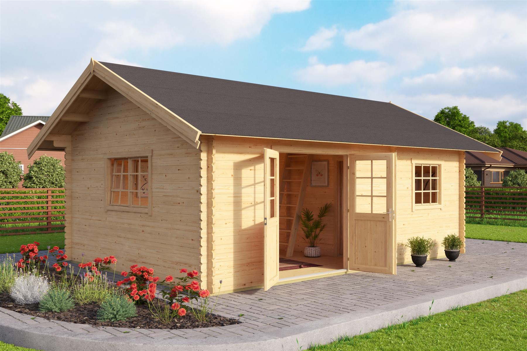 Lasita Maja Caroline Set Gold Gartenhaus Blockhaus 40 mm 3-Raum, 575 x 390, Naturbelassen Lasita Maja Caroline Set Gold Gartenhaus Blockhaus 40 mm 3-Raum, 575 x 390, Naturbelassen