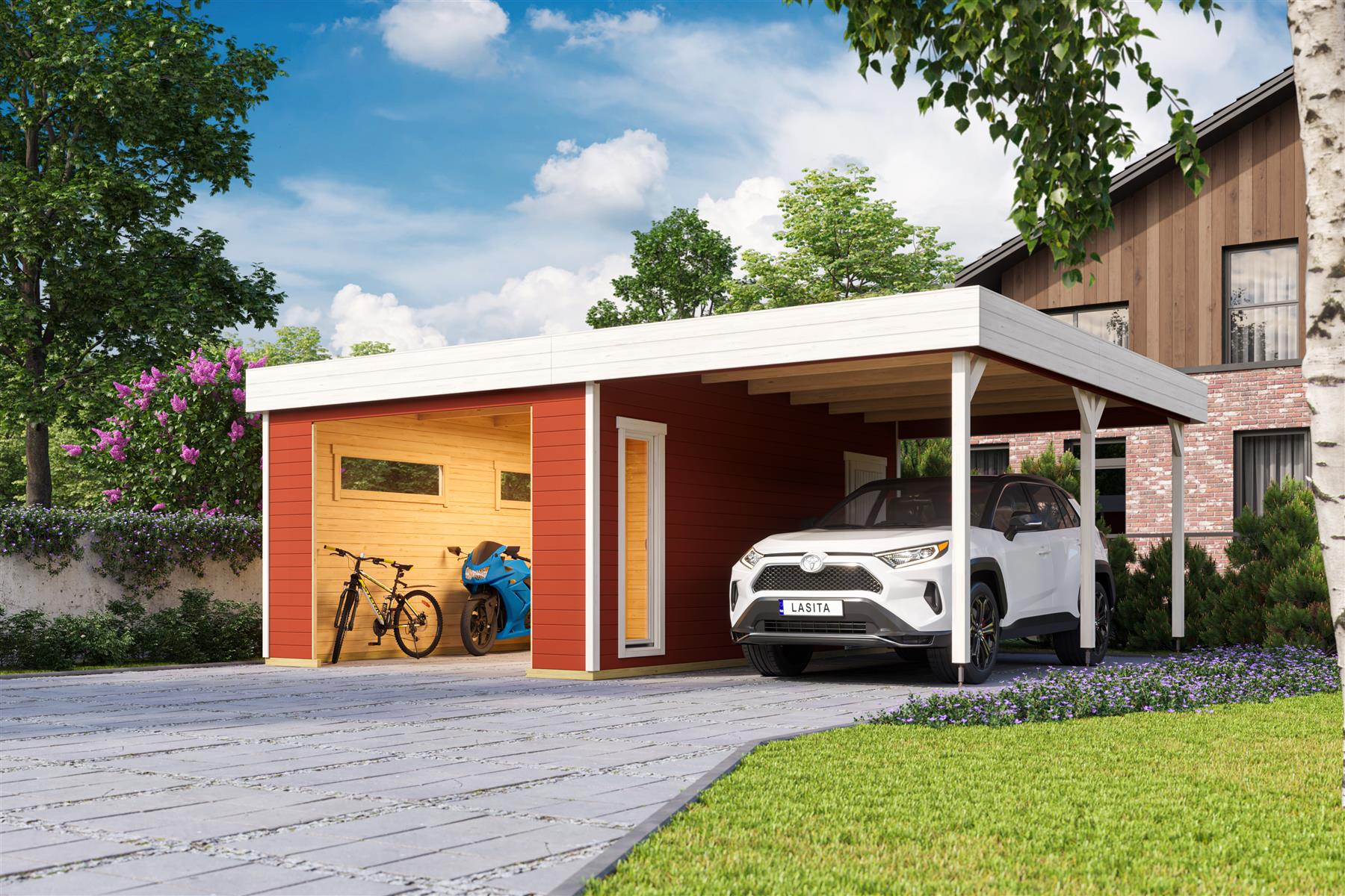 Lasita Maja Bahamas Garage 44mm mit Dachanbau, 660 x 540, Schwedenrot Lasita Maja Bahamas Garage 44mm mit Dachanbau, 660 x 540, Schwedenrot