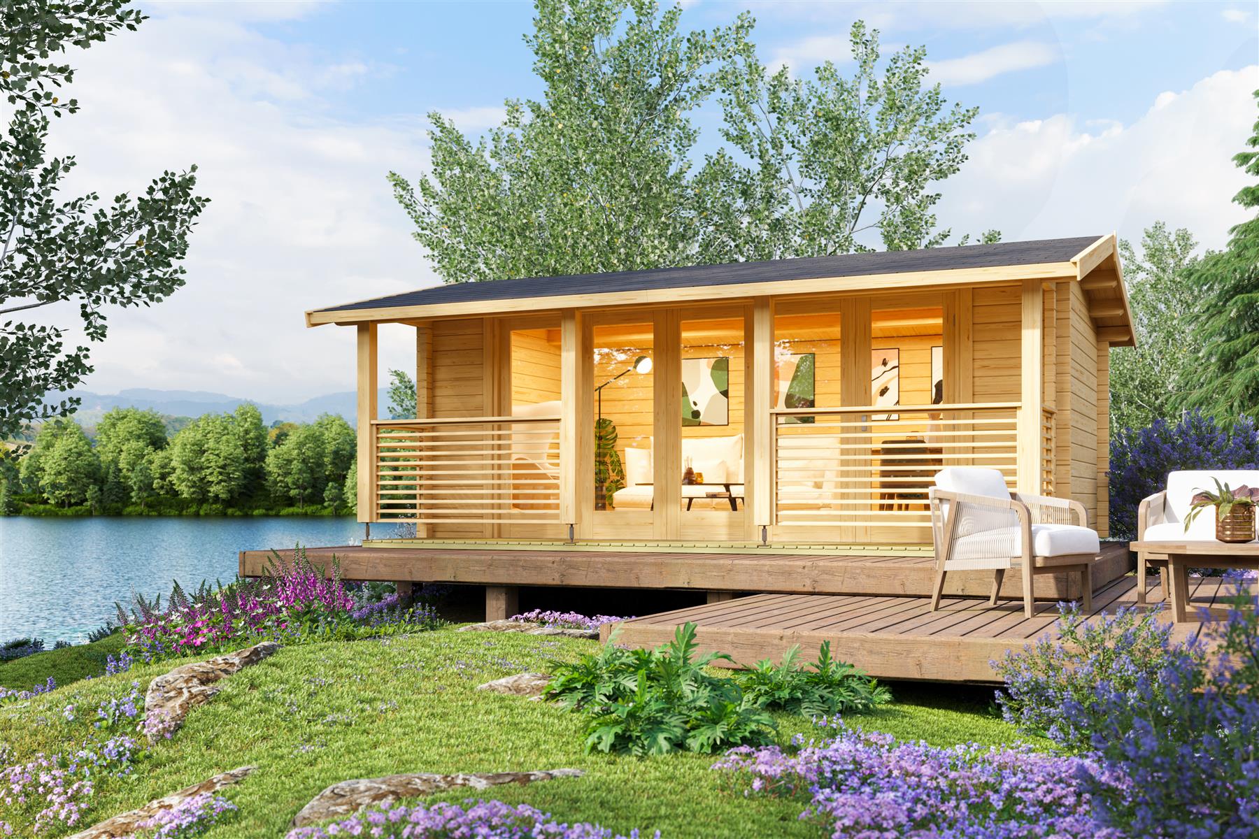 Lasita Maja Lyndhurst Ferienhaus 70 mm, Terrasse mit Geländer, 550 x 300, Naturbelassen Lasita Maja Lyndhurst Ferienhaus 70 mm, Terrasse mit Geländer, 550 x 300, Naturbelassen