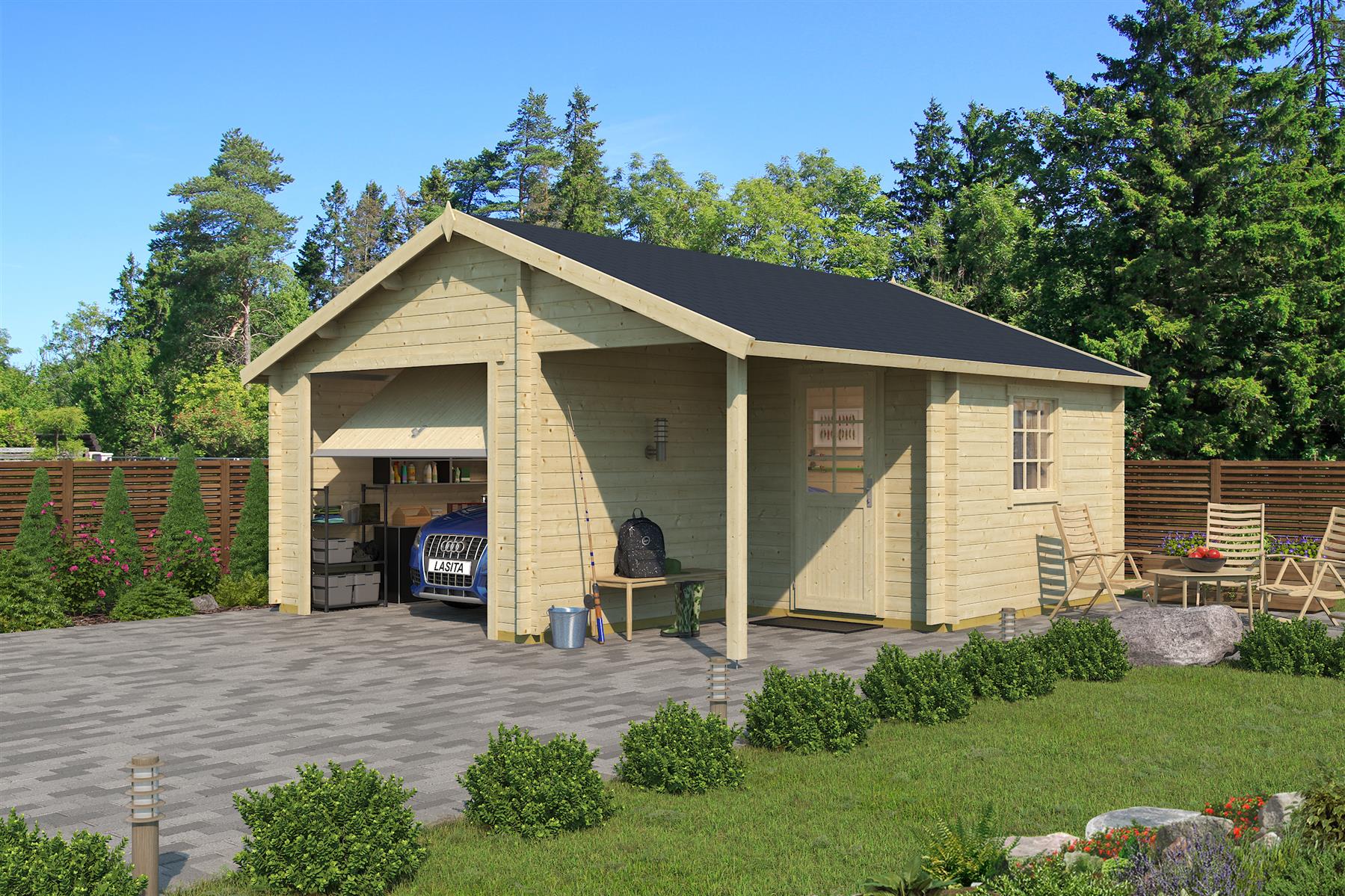 Lasita Maja Nevis Set mit Schwingtor Garage 44 mm, 500 x 550, Naturbelassen Lasita Maja Nevis Set mit Schwingtor Garage 44 mm, 500 x 550, Naturbelassen