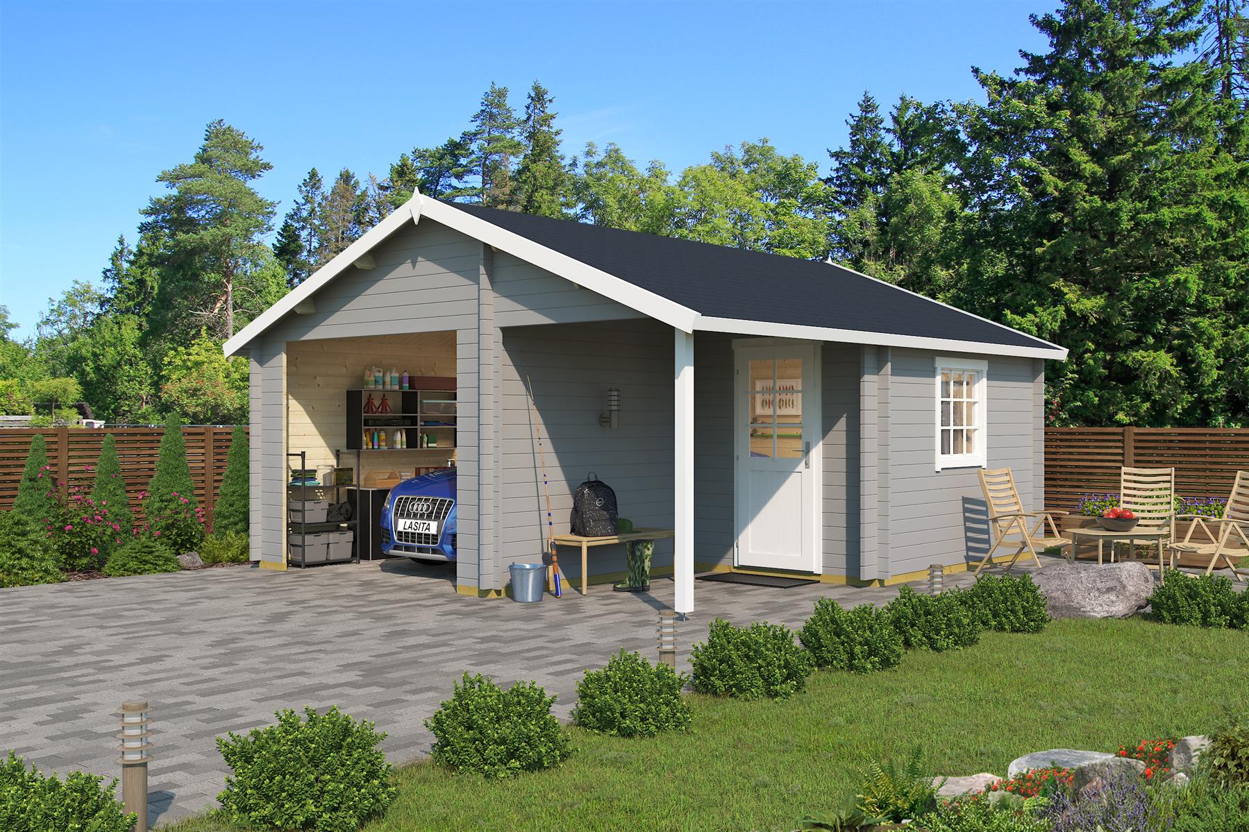 Lasita Maja Nevis Ohne Tore Garage 44 mm mit Überdachung, 500 x 550, Lichtgrau Lasita Maja Nevis Ohne Tore Garage 44 mm mit Überdachung, 500 x 550, Lichtgrau