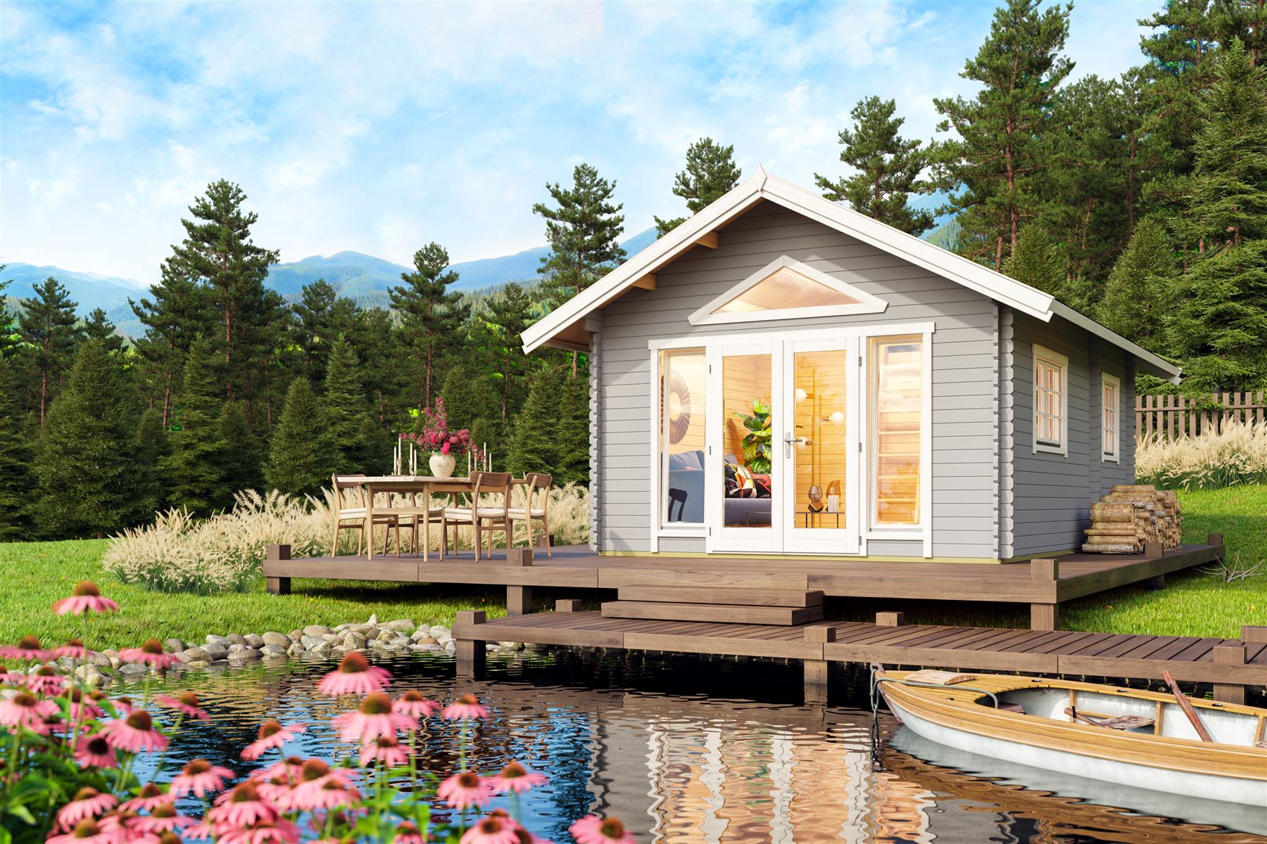 Lasita Maja Caroline 2.2 Gartenhaus Blockhaus 40 mm 3-Raum und Schlafboden, 390 x 575, Lichtgrau Lasita Maja Caroline 2.2 Gartenhaus Blockhaus 40 mm 3-Raum und Schlafboden, 390 x 575, Lichtgrau