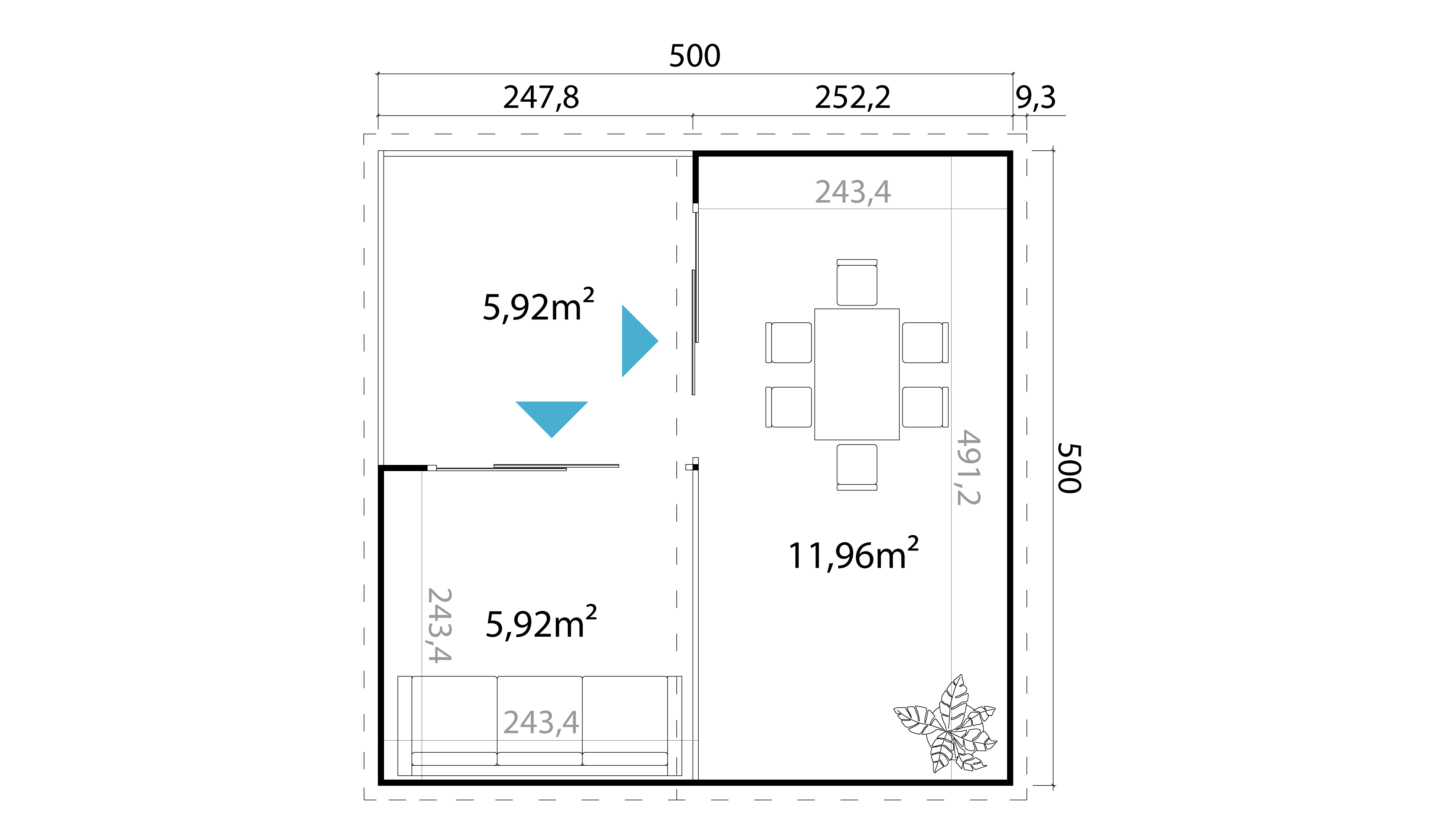 Lasita Maja Domeo 6 Loggia Gartenhaus Blockhaus 44 mm mit Überdachung, 500 x 500, Lichtgrau