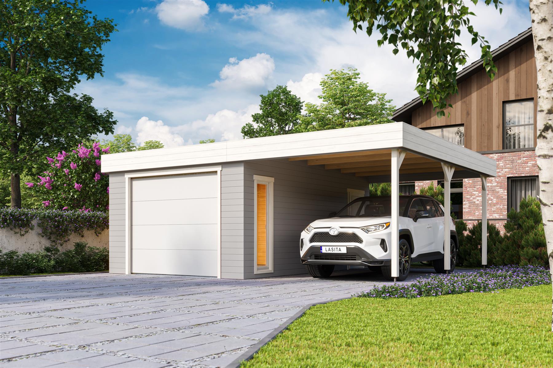 Lasita Maja Bahamas Set mit Sektionaltor Garage 44mm mit Dachanbau, 660 x 540, Lichtgrau Lasita Maja Bahamas Set mit Sektionaltor Garage 44mm mit Dachanbau, 660 x 540, Lichtgrau