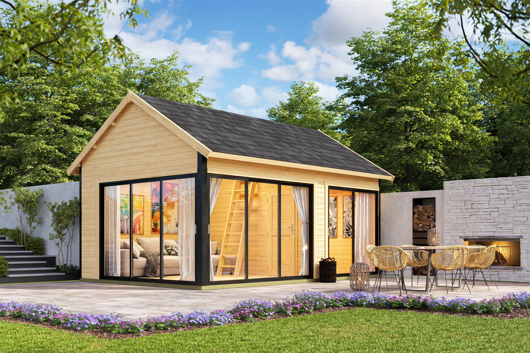 Lasita Maja Murano 3 Set Gartenhaus Blockhaus 44mm, mit Schlafboden, Fundamentmass 578x390, Naturbelassen Lasita Maja Murano 3 Set Gartenhaus Blockhaus 44mm, mit Schlafboden, Fundamentmass 578x390, Naturbelassen