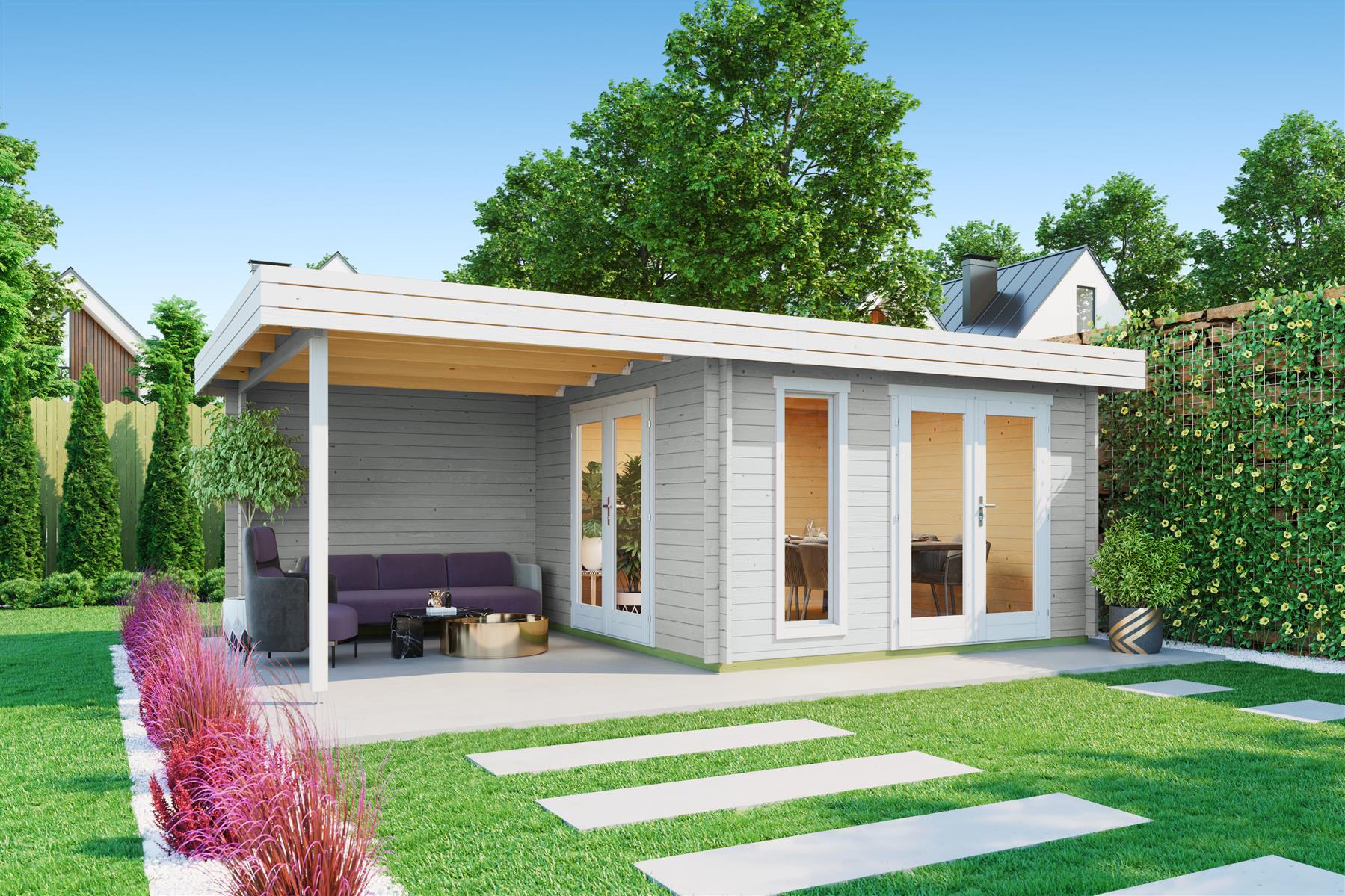 Lasita Maja Anders Gartenhaus Blockhaus 44mm mit Anbau, 360x360, Lichtgrau Lasita Maja Anders Gartenhaus Blockhaus 44mm mit Anbau, 360x360, Lichtgrau