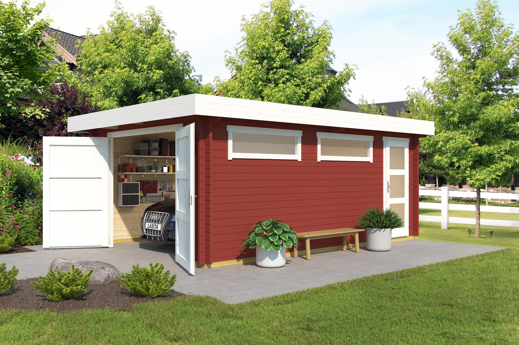 Lasita Maja Canberra Set mit Holztor Garage 44 mm, 360 x 540, Schwedenrot