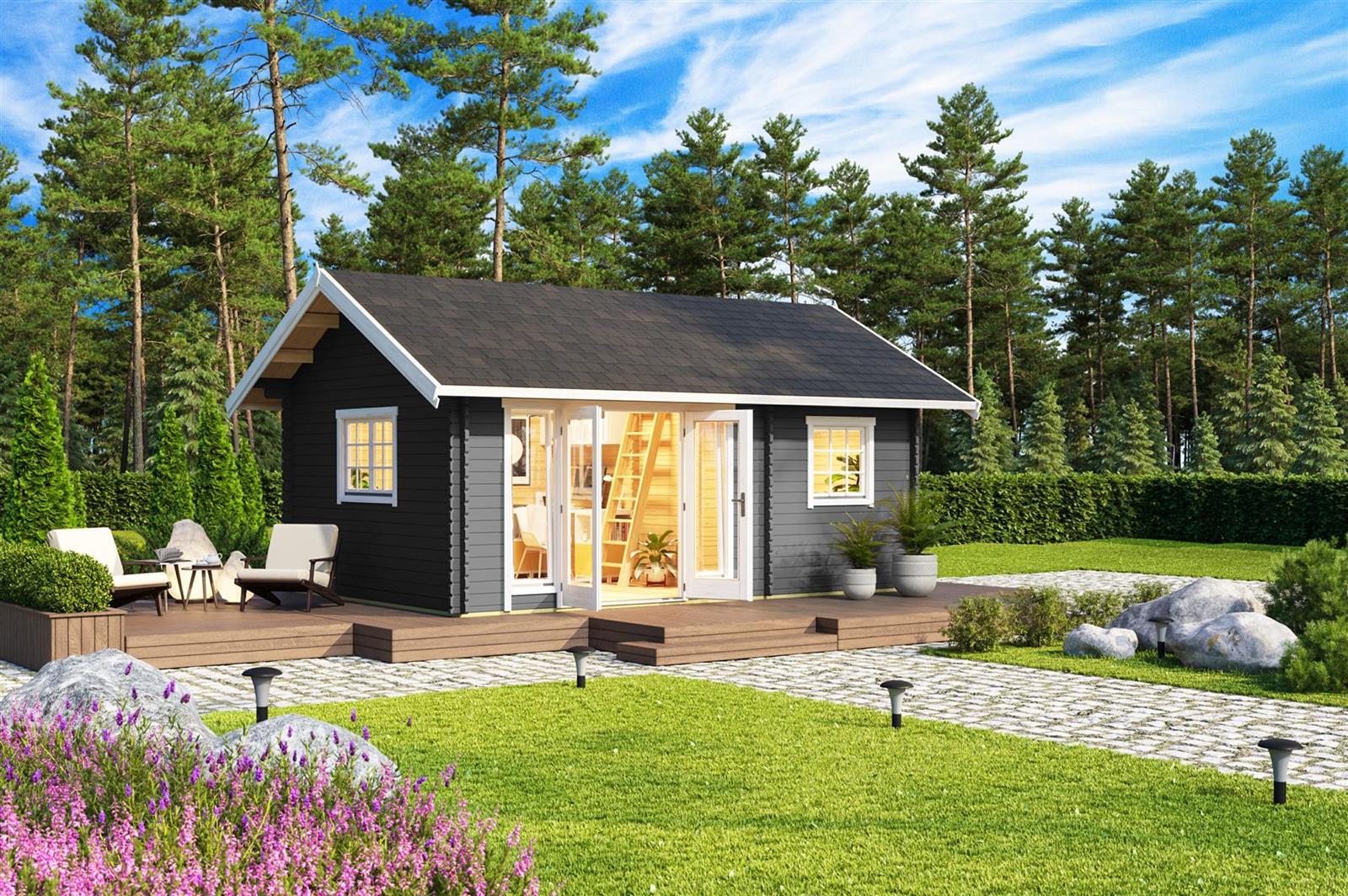 Lasita Maja Caroline 2.1 Gartenhaus Blockhaus 40 mm mit 3-Raum und Schlafboden, 575 x 390, Carbongrau