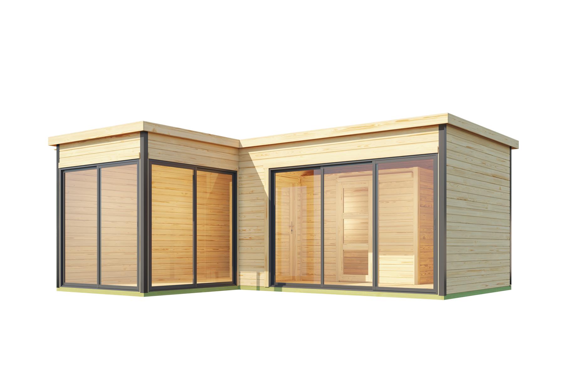 Lasita Maja Domeo 11 Set Gartenhaus Blockhaus 44 mm, L-Förmig, Fundamentmass 595x500, Naturbelassen Lasita Maja Domeo 11 Set Gartenhaus Blockhaus 44 mm, L-Förmig, Fundamentmass 595x500, Naturbelassen