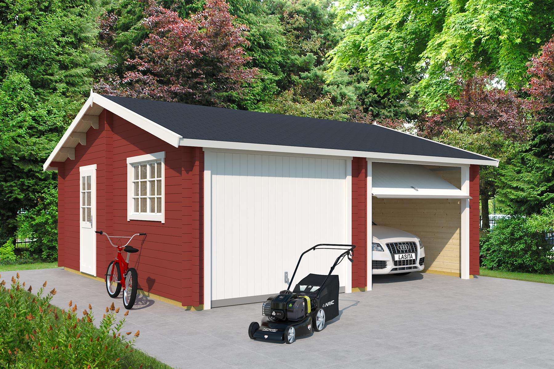 Lasita Maja Falkland Set mit Schwingtor Garage 44 mm, 575 x 575, Schwedenrot Lasita Maja Falkland Set mit Schwingtor Garage 44 mm, 575 x 575, Schwedenrot