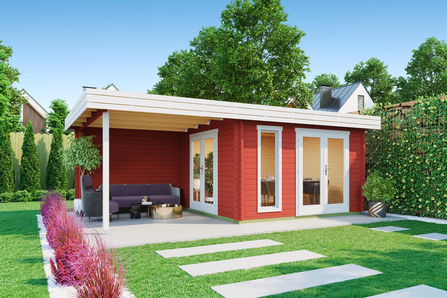 Lasita Maja Anders Gartenhaus Blockhaus 44mm mit Anbau, 360x360, Schwedenrot