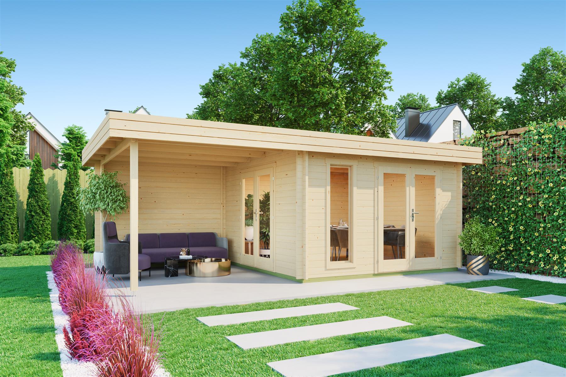 Lasita Maja Anders Gartenhaus Blockhaus 44mm mit Anbau, 360x360, Naturbelassen Lasita Maja Anders Gartenhaus Blockhaus 44mm mit Anbau, 360x360, Naturbelassen