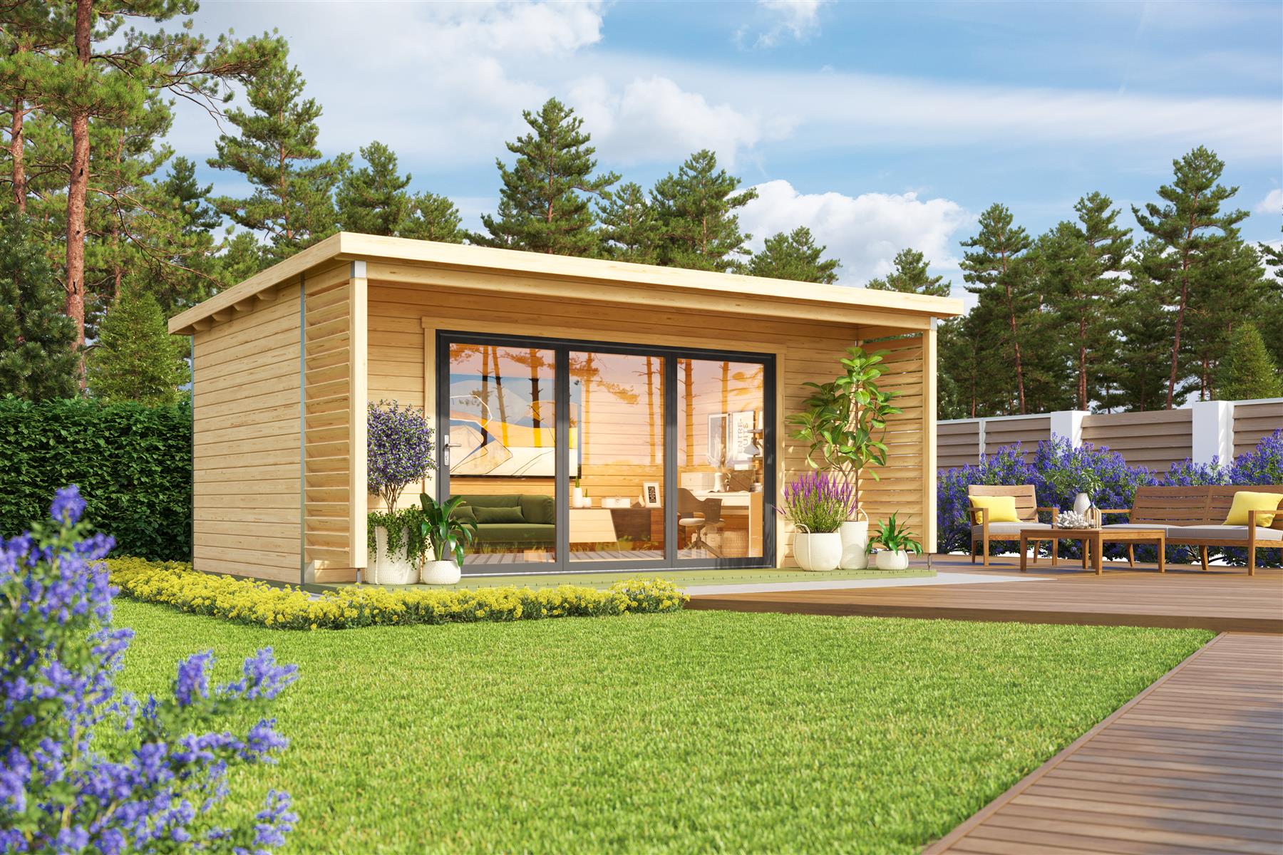 Lasita Maja Liverpool 3 Ferienhaus 44mm, Terrasse mit Geländer, 550x300, Naturbelassen Lasita Maja Liverpool 3 Ferienhaus 44mm, Terrasse mit Geländer, 550x300, Naturbelassen
