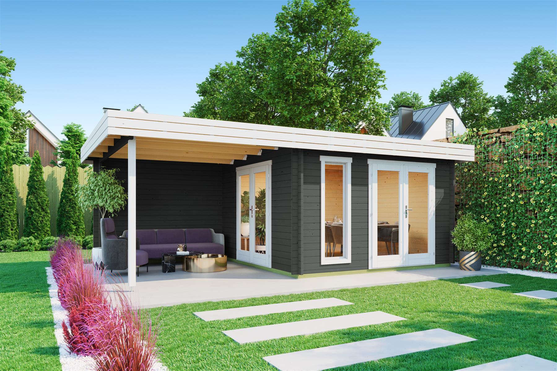 Lasita Maja Anders Gartenhaus Blockhaus 44mm mit Anbau, 360x360, Carbongrau Lasita Maja Anders Gartenhaus Blockhaus 44mm mit Anbau, 360x360, Carbongrau