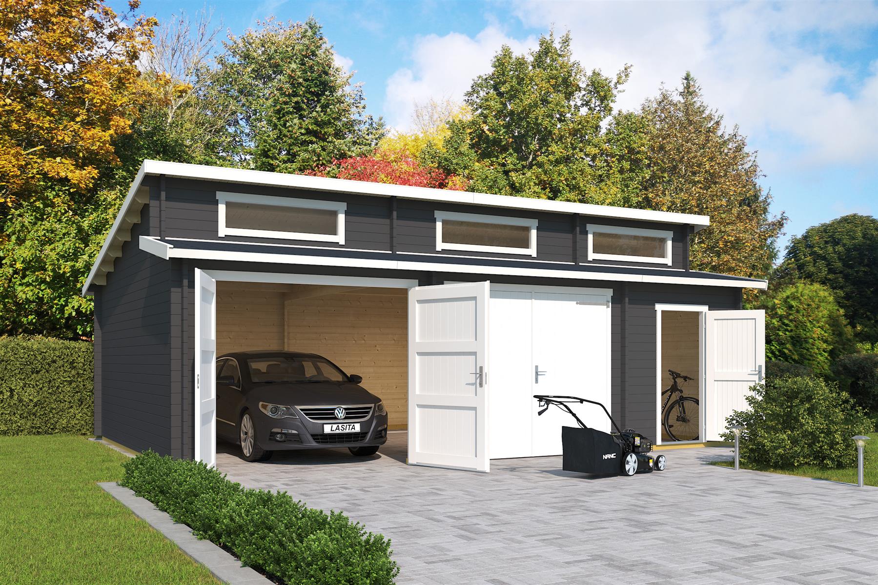 Lasita Maja Hawaii Set mit Holztoren Garage 44 mm 2-Raum, 780 x 520, Carbongrau Lasita Maja Hawaii Set mit Holztoren Garage 44 mm 2-Raum, 780 x 520, Carbongrau