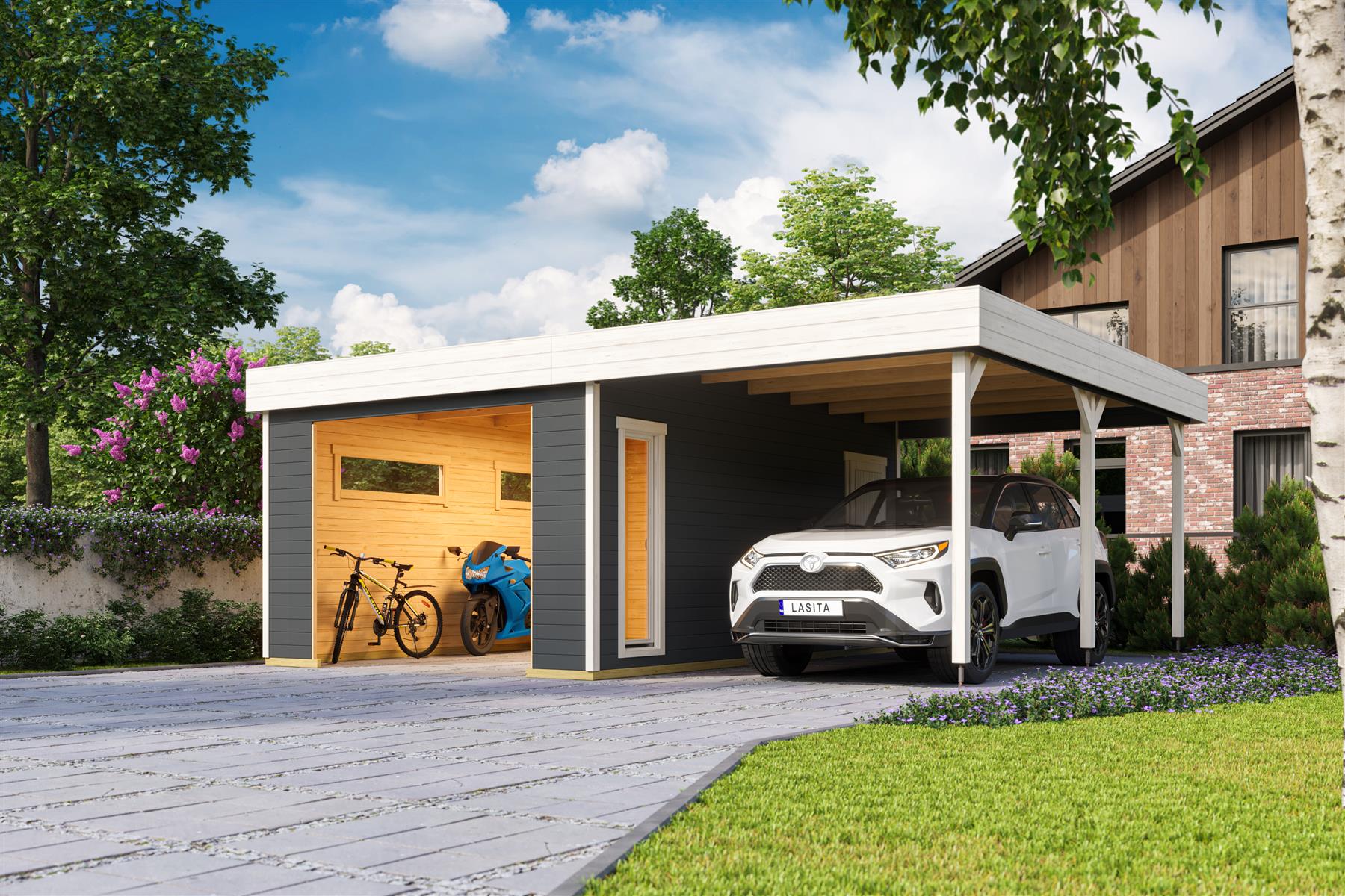 Lasita Maja Bahamas Garage 44mm mit Dachanbau, 660 x 540, Carbongrau Lasita Maja Bahamas Garage 44mm mit Dachanbau, 660 x 540, Carbongrau