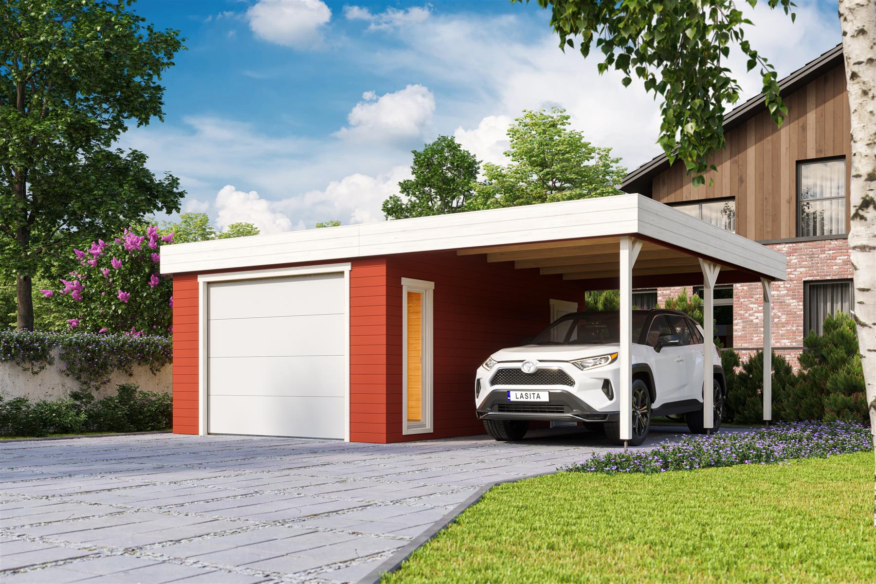 Lasita Maja Bahamas Set mit Sektionaltor Garage 44mm mit Dachanbau, 660 x 540, Schwedenrot Lasita Maja Bahamas Set mit Sektionaltor Garage 44mm mit Dachanbau, 660 x 540, Schwedenrot