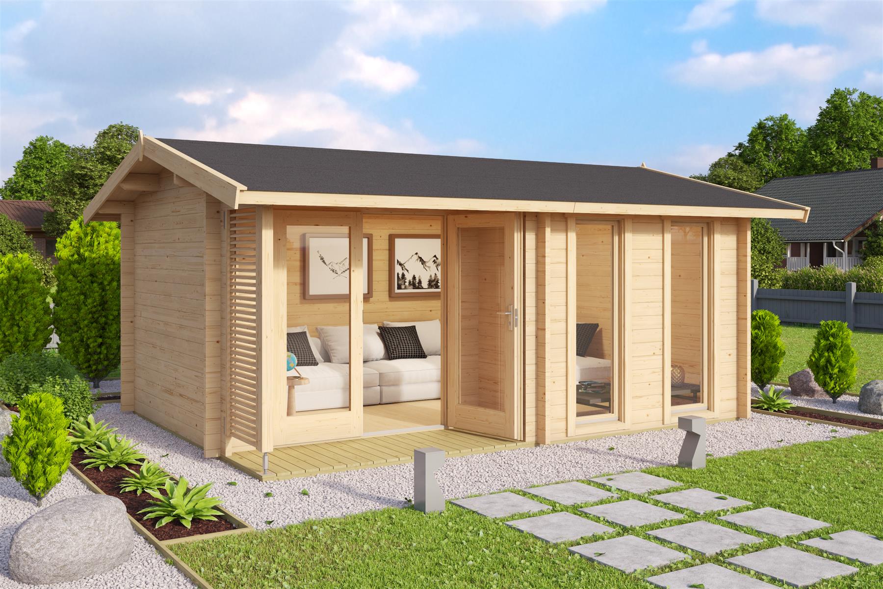 Lasita Maja Hampshire Gartenhaus Blockhaus 44 mm mit überdachte Terrasse, 420 x 300, Naturbelassen