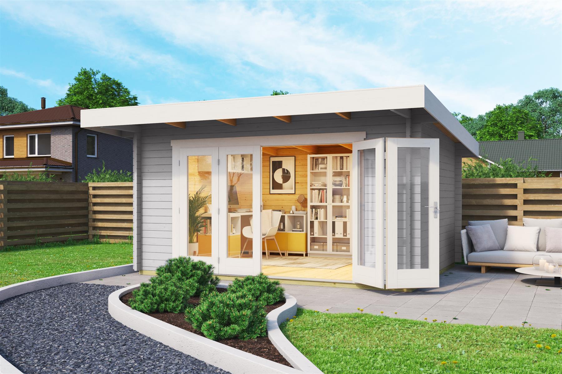 Lasita Maja Sussex 1 Gartenhaus Blockhaus 44 mm mit Vordach, 390 x 300, Lichtgrau Lasita Maja Sussex 1 Gartenhaus Blockhaus 44 mm mit Vordach, 390 x 300, Lichtgrau