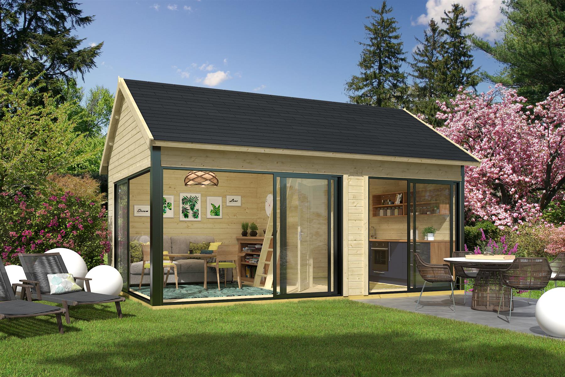 Lasita Maja Murano 3 Set Gartenhaus Blockhaus 44mm, mit Schlafboden, Fundamentmass 578x390, Naturbelassen Lasita Maja Murano 3 Set Gartenhaus Blockhaus 44mm, mit Schlafboden, Fundamentmass 578x390, Naturbelassen