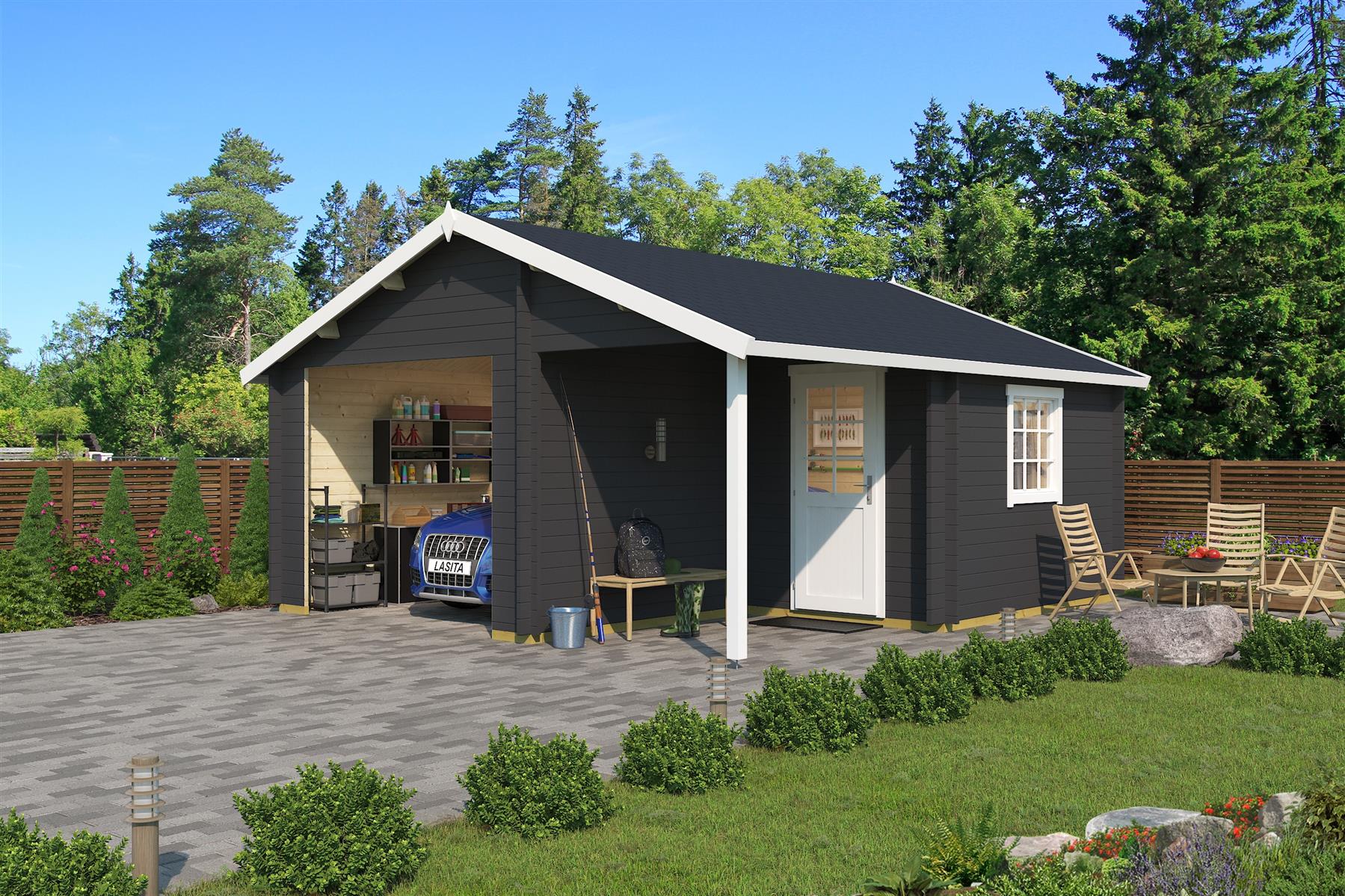 Lasita Maja Nevis Ohne Tore Garage 44 mm mit Überdachung, 500 x 550, Carbongrau Lasita Maja Nevis Ohne Tore Garage 44 mm mit Überdachung, 500 x 550, Carbongrau