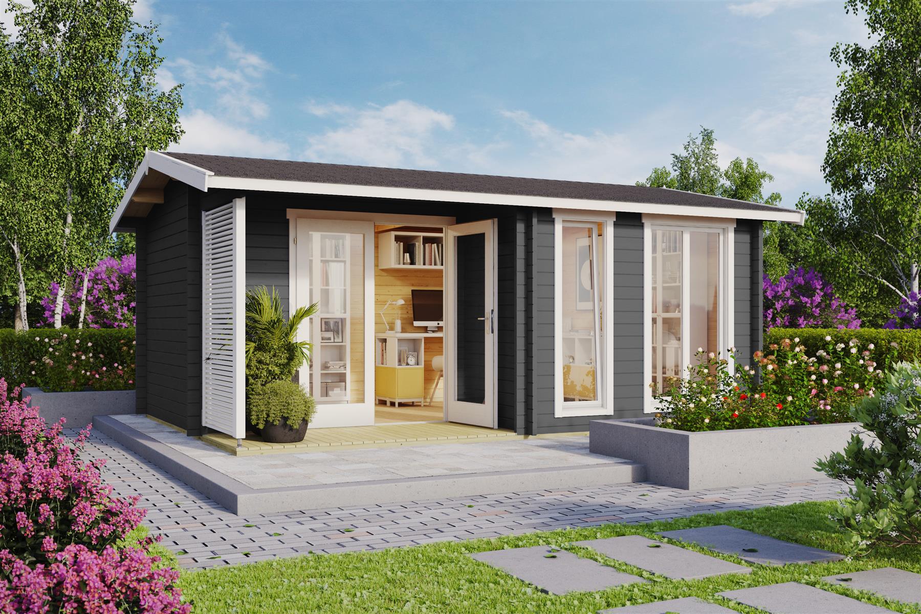 Lasita Maja Brighton 44 Gartenhaus Blockhaus 44 mm mit Terrasse, 520 x 370, Carbongrau Lasita Maja Brighton 44 Gartenhaus Blockhaus 44 mm mit Terrasse, 520 x 370, Carbongrau