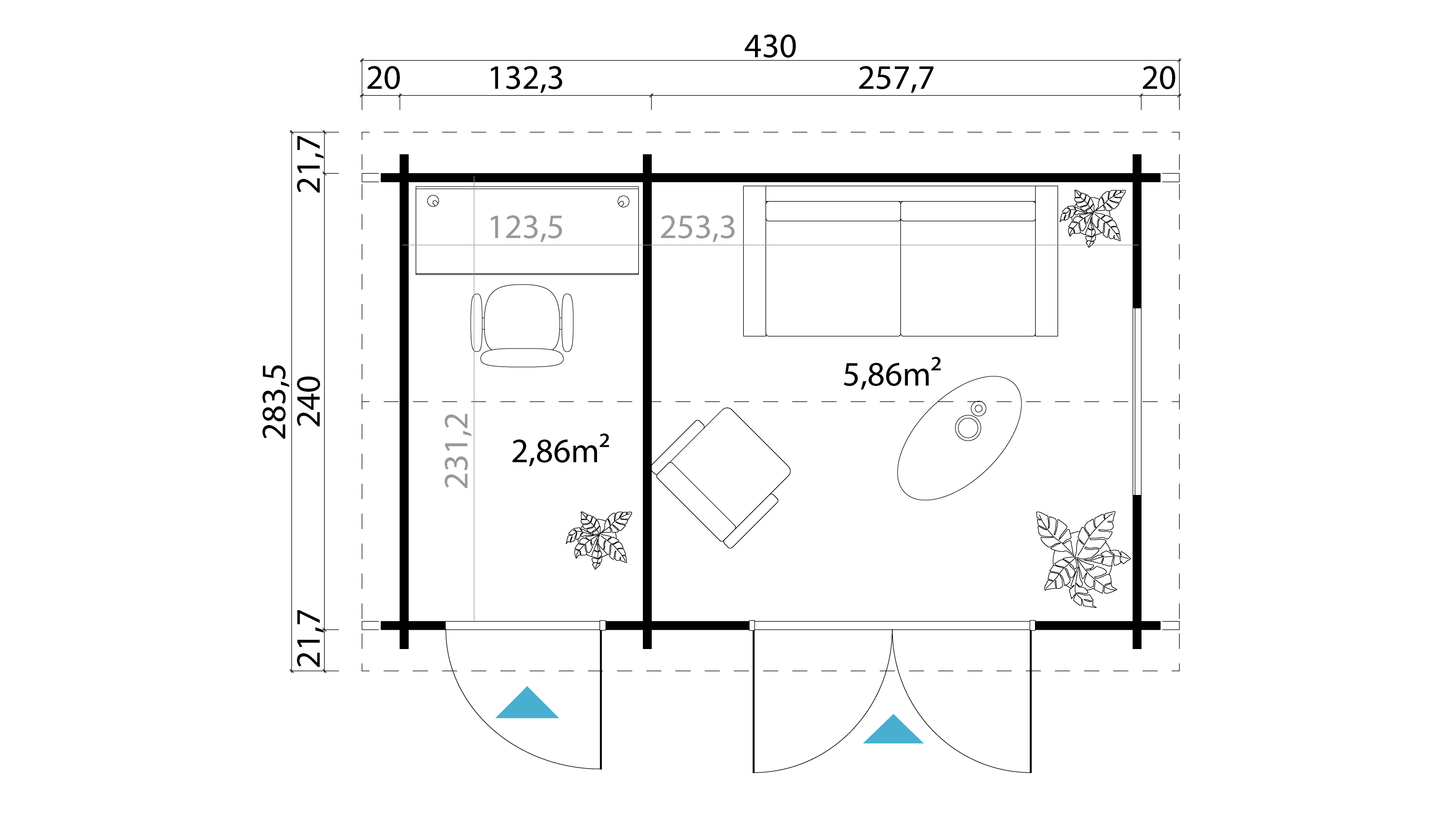 Lasita Maja Wrexham 1 Gartenhaus Blockhaus 44 mm 2-Raum, 390 x 240, Naturbelassen