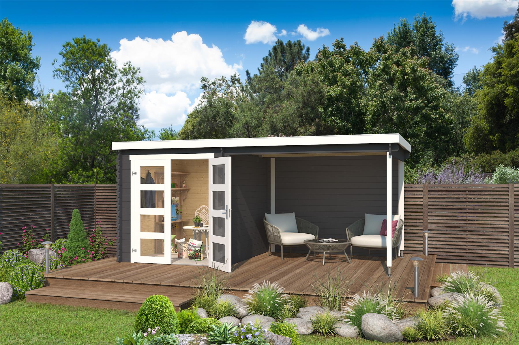 Lasita Maja Long Beach Holz-Gartenhaus Blockhaus 28mm Anbau,  472x230, Carbongrau