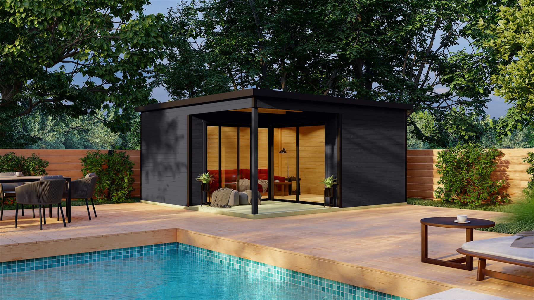 Lasita Maja Domeo 6 Loggia Gartenhaus Blockhaus 44 mm mit Überdachung, 500 x 500, Carbongrau