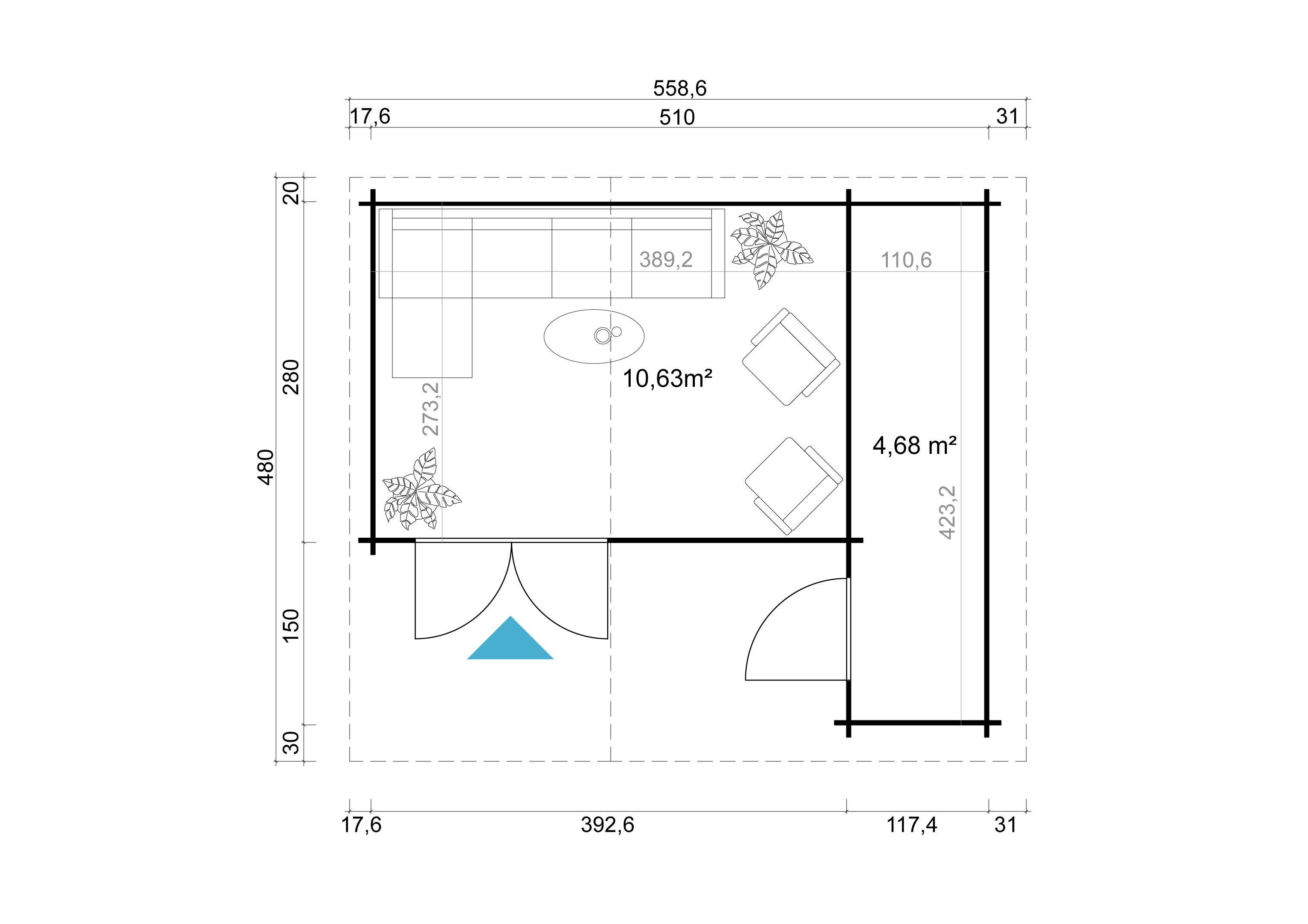 Lasita Maja Little Rock Gartenhaus Blockhaus 34mm 2-Raum, 510x430, Lichtgrau