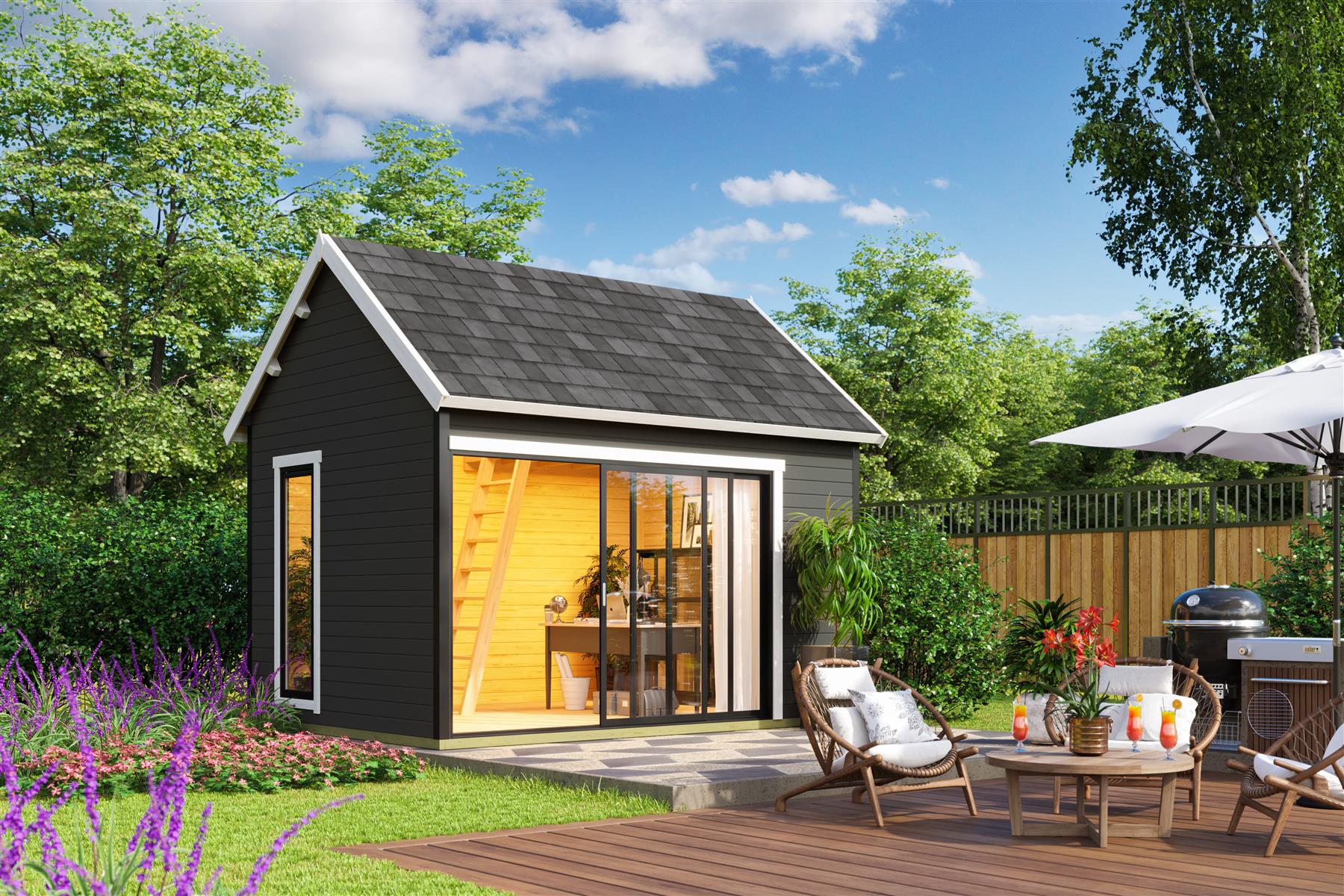 Lasita Maja Murano 2 Set Gartenhaus Blockhaus 44mm, mit Schlafboden, Fundamentmass 410x300, Carbongrau Lasita Maja Murano 2 Set Gartenhaus Blockhaus 44mm, mit Schlafboden, Fundamentmass 410x300, Carbongrau
