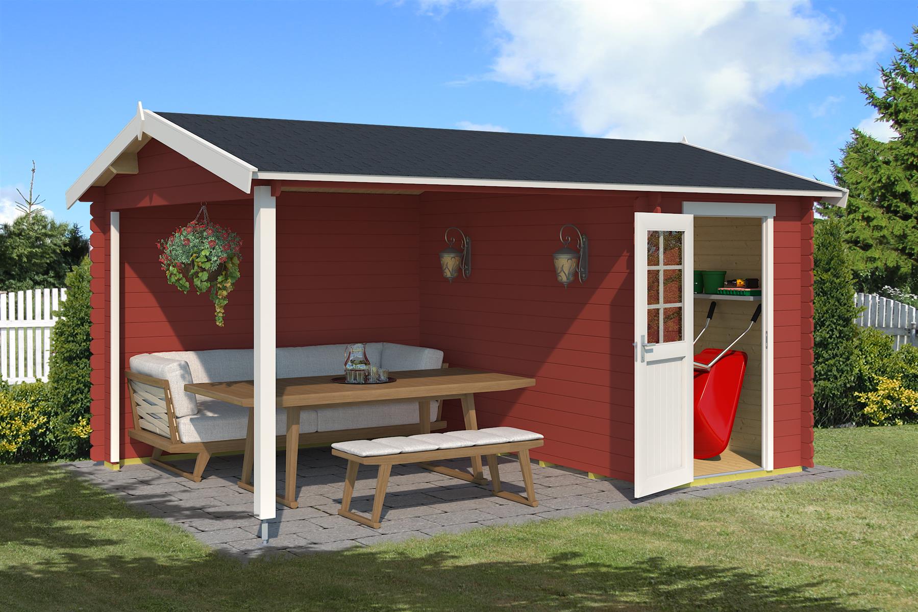 Lasita Maja Wibo Holz-Gartenhaus Blockhaus mit Anbau 28mm, 425x300, Schwedenrot