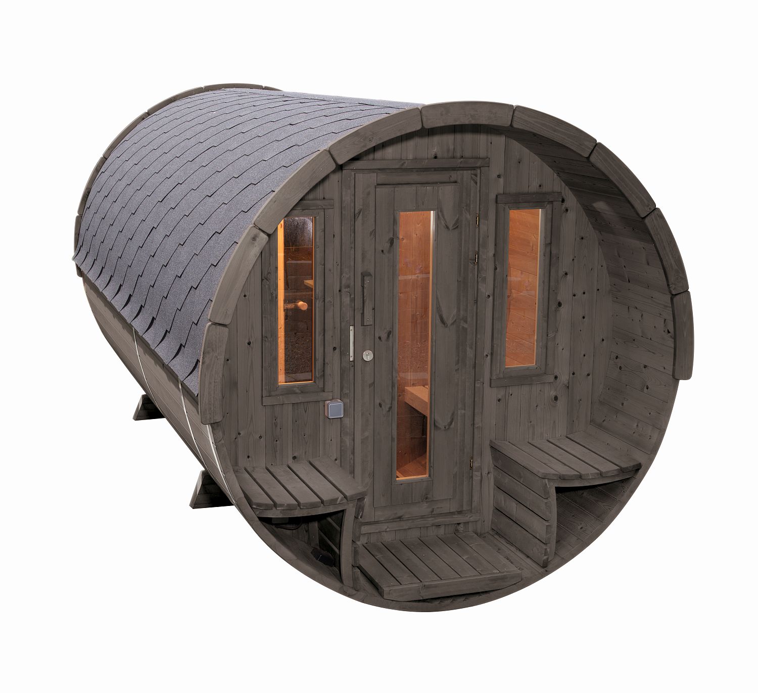 Saunafass Sunny 2440 montiert Hellgrau mit schwarzen Dachschindeln - Ø235 x 400