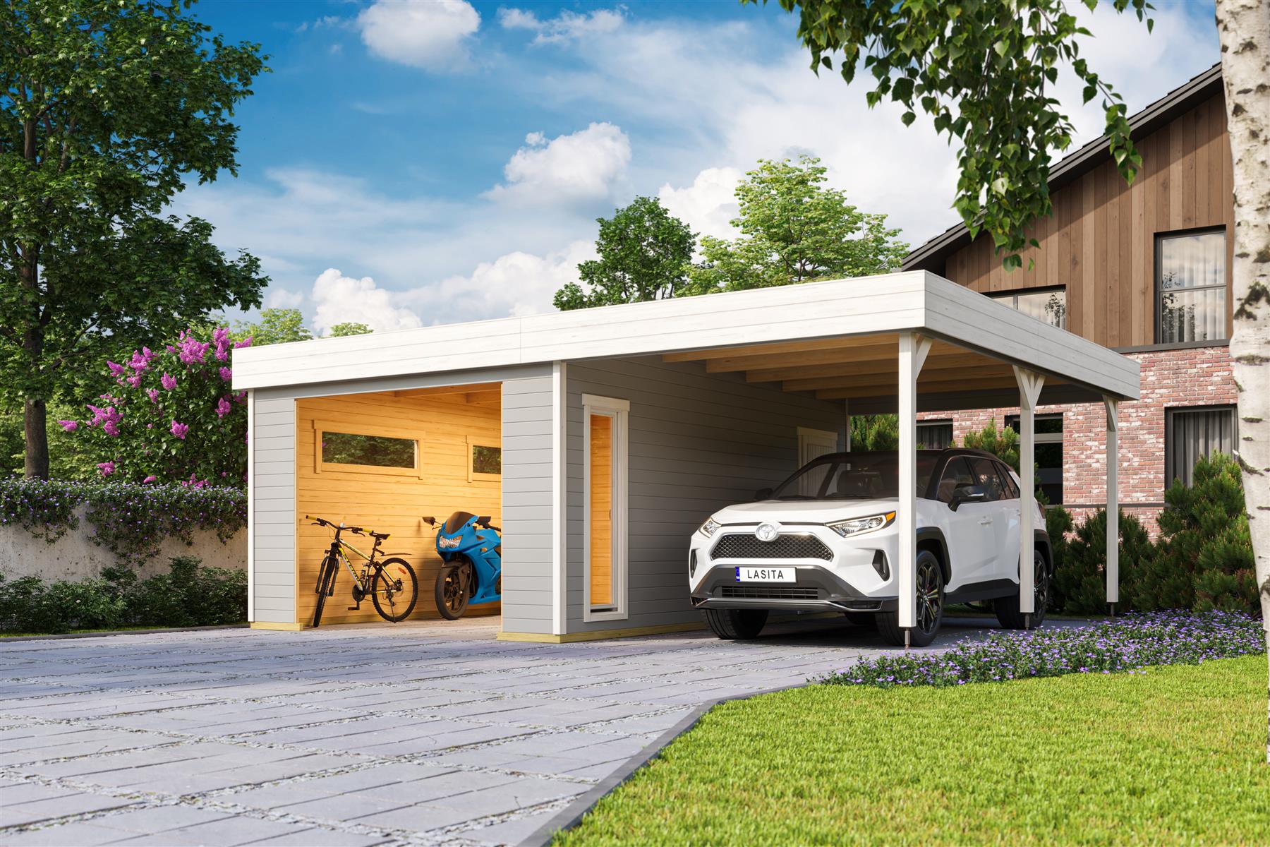 Lasita Maja Bahamas Garage 44mm mit Dachanbau, 660 x 540, Lichtgrau Lasita Maja Bahamas Garage 44mm mit Dachanbau, 660 x 540, Lichtgrau