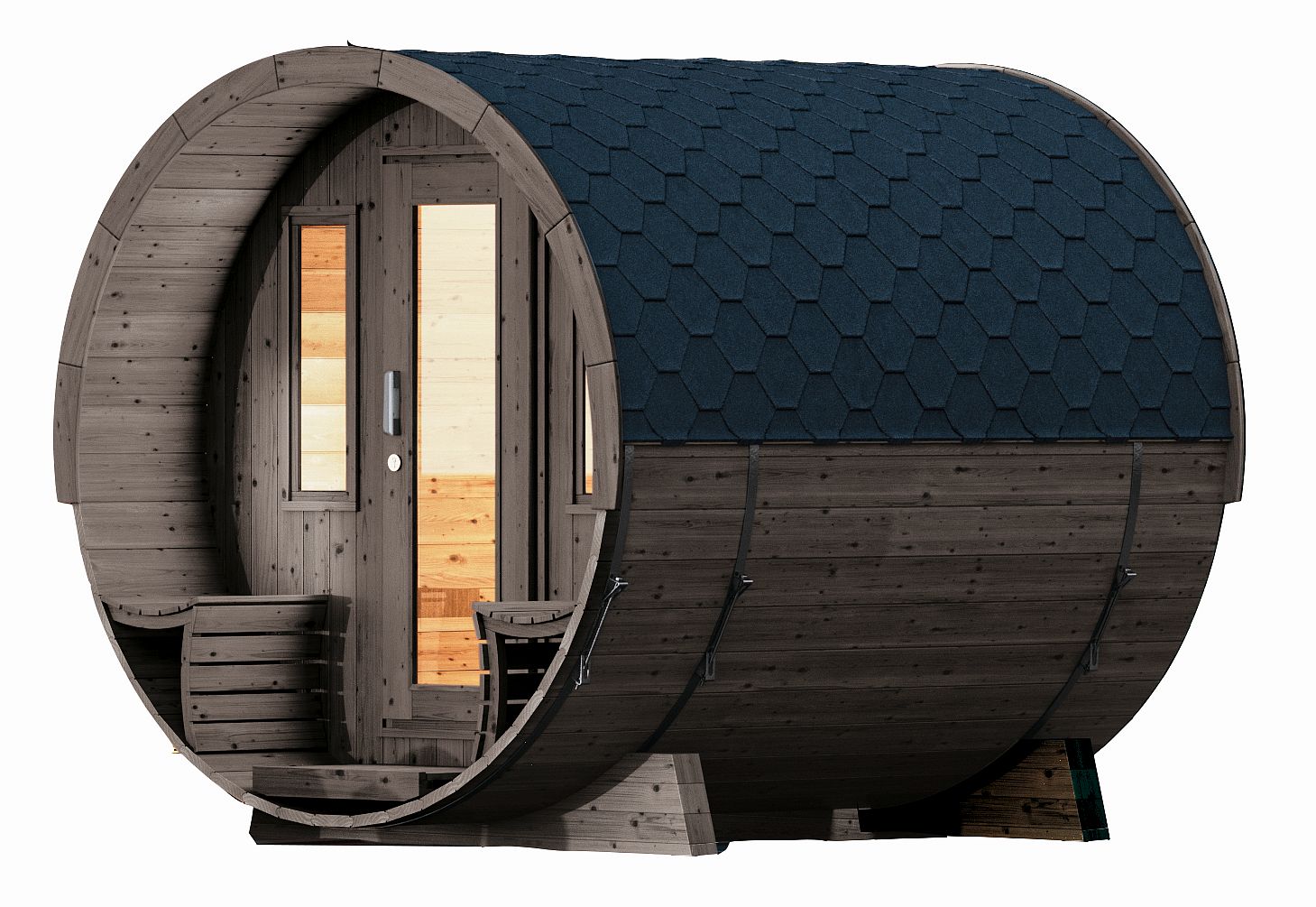 Saunafass Susann 2428 montiert Hellgrau mit schwarzen Dachschindeln - Ø235 x 280