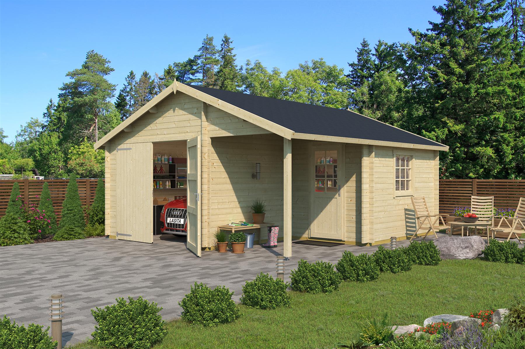 Lasita Maja Nevis Set mit Holztor Garage 44 mm, 500 x 550, Naturbelassen Lasita Maja Nevis Set mit Holztor Garage 44 mm, 500 x 550, Naturbelassen