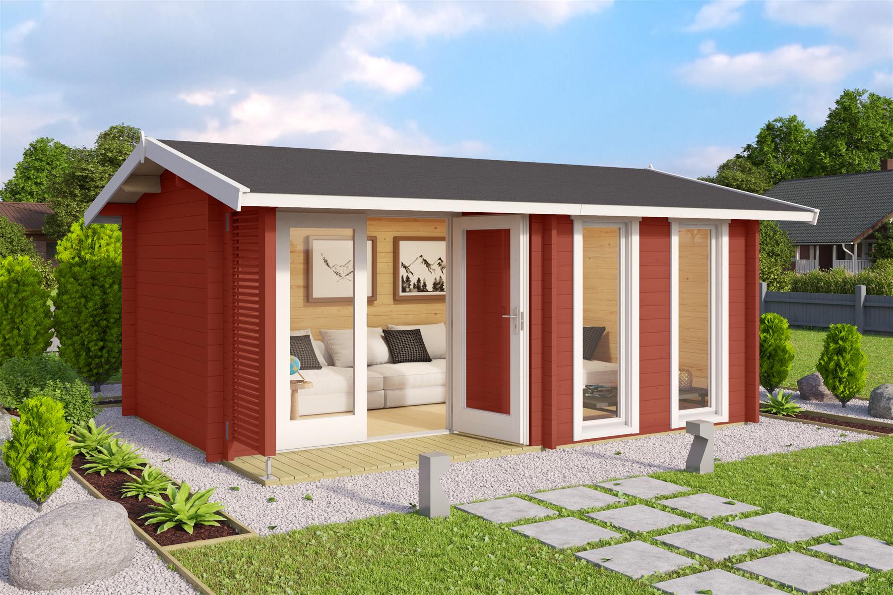 Lasita Maja Hampshire Gartenhaus Blockhaus 44 mm mit überdachte Terrasse, 420 x 300, Schwedenrot Lasita Maja Hampshire Gartenhaus Blockhaus 44 mm mit überdachte Terrasse, 420 x 300, Schwedenrot