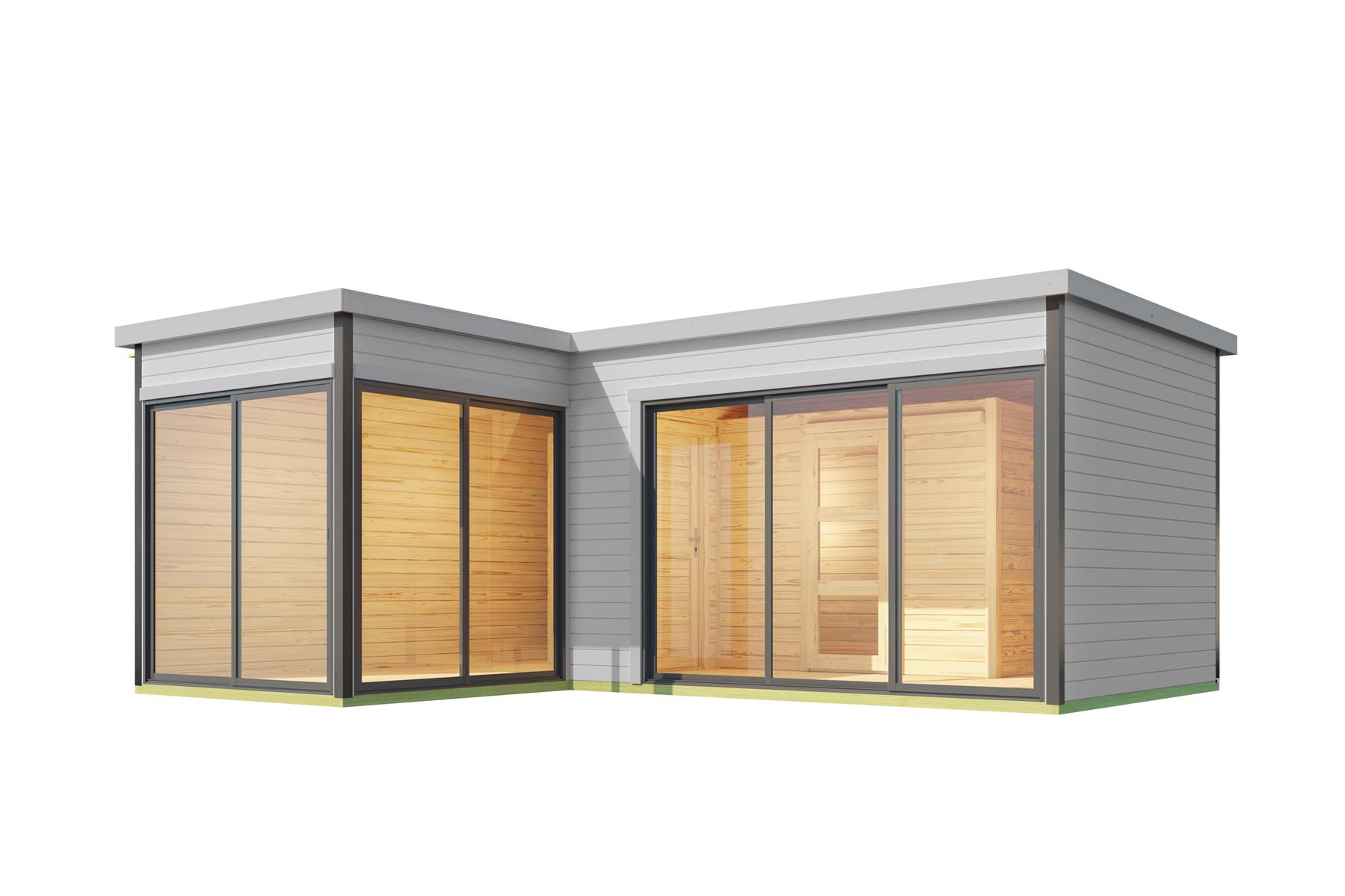 Lasita Maja Domeo 11 Set Gartenhaus Blockhaus 44 mm, L-Förmig, Fundamentmass 595x500, Lichtgrau Lasita Maja Domeo 11 Set Gartenhaus Blockhaus 44 mm, L-Förmig, Fundamentmass 595x500, Lichtgrau