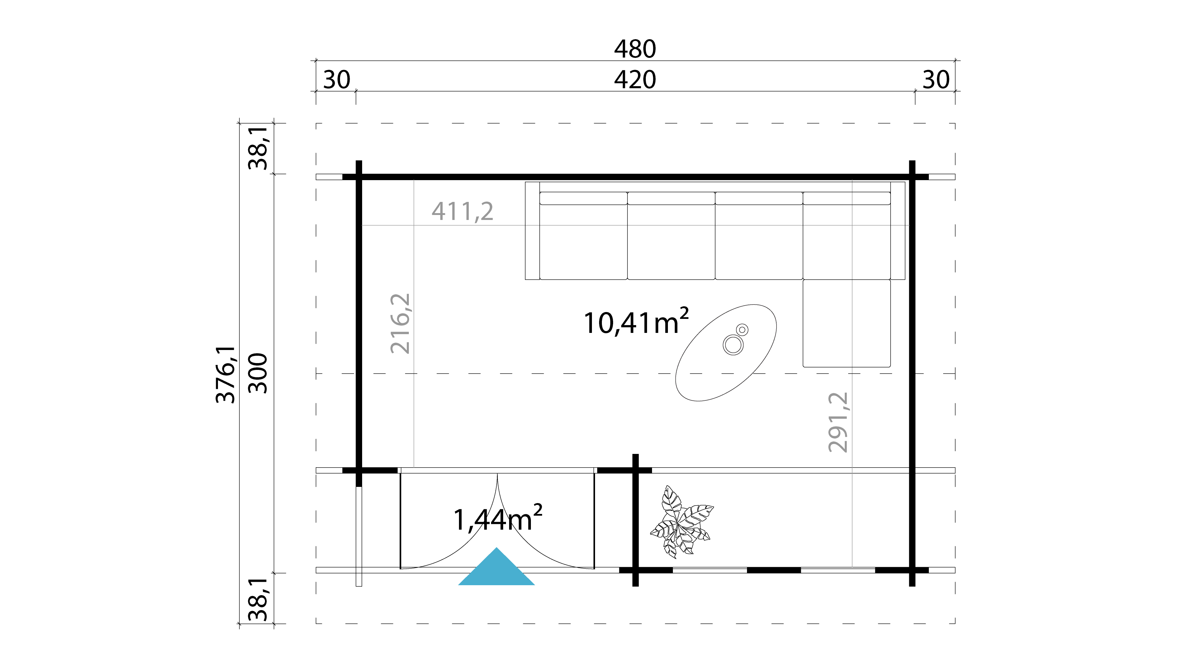 Lasita Maja Hampshire Gartenhaus Blockhaus 44 mm mit überdachte Terrasse, 420 x 300, Naturbelassen